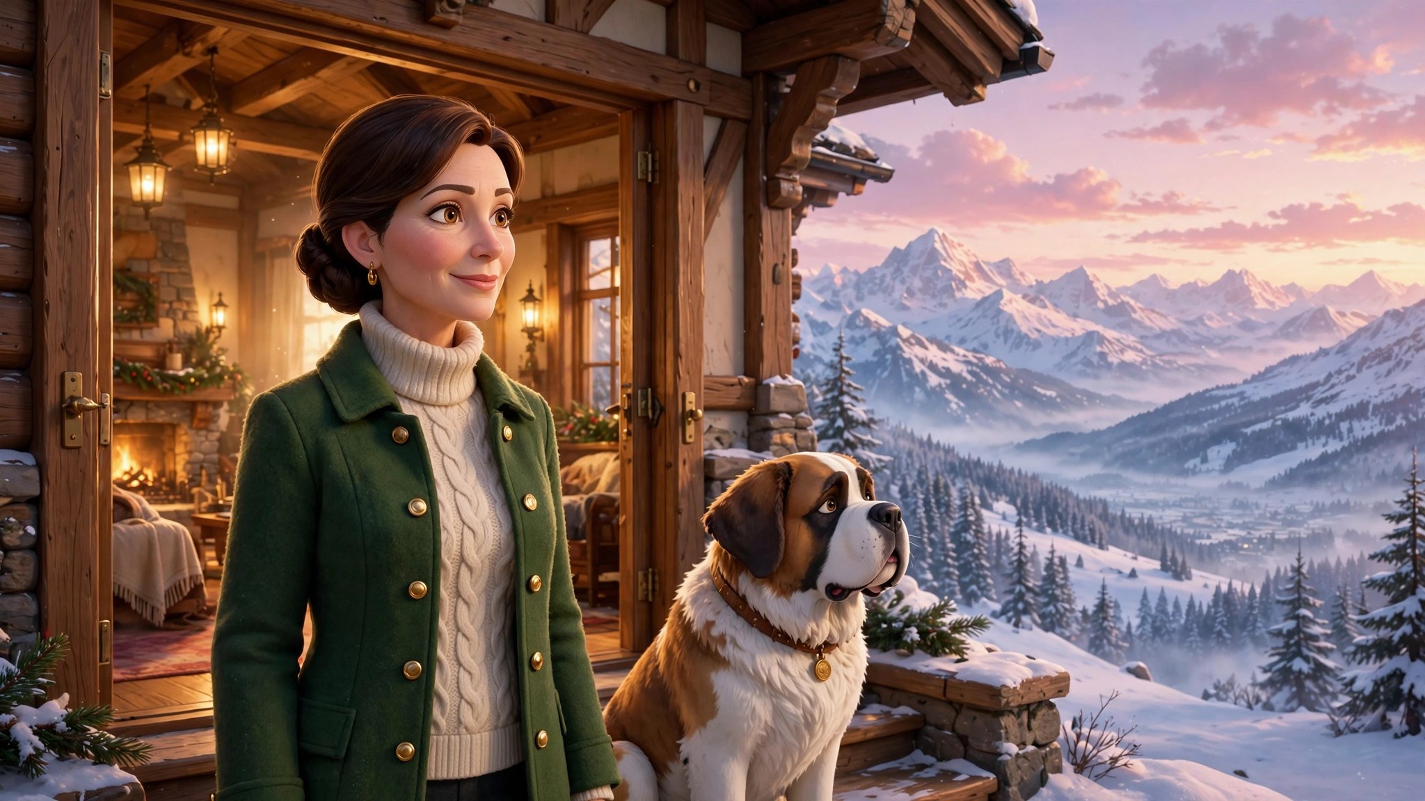 AI-generated banner art of Natalie Beaumont at the lodge doorway with alpine peaks behind