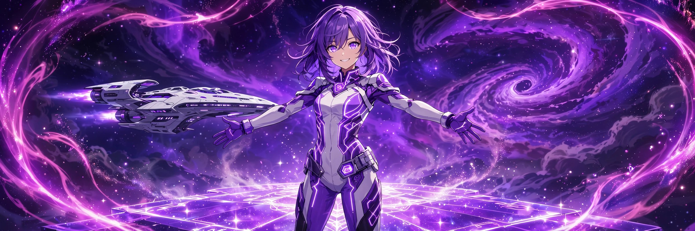 AI-generated wide banner of Neris Sen on a stardust stage with her starship behind her