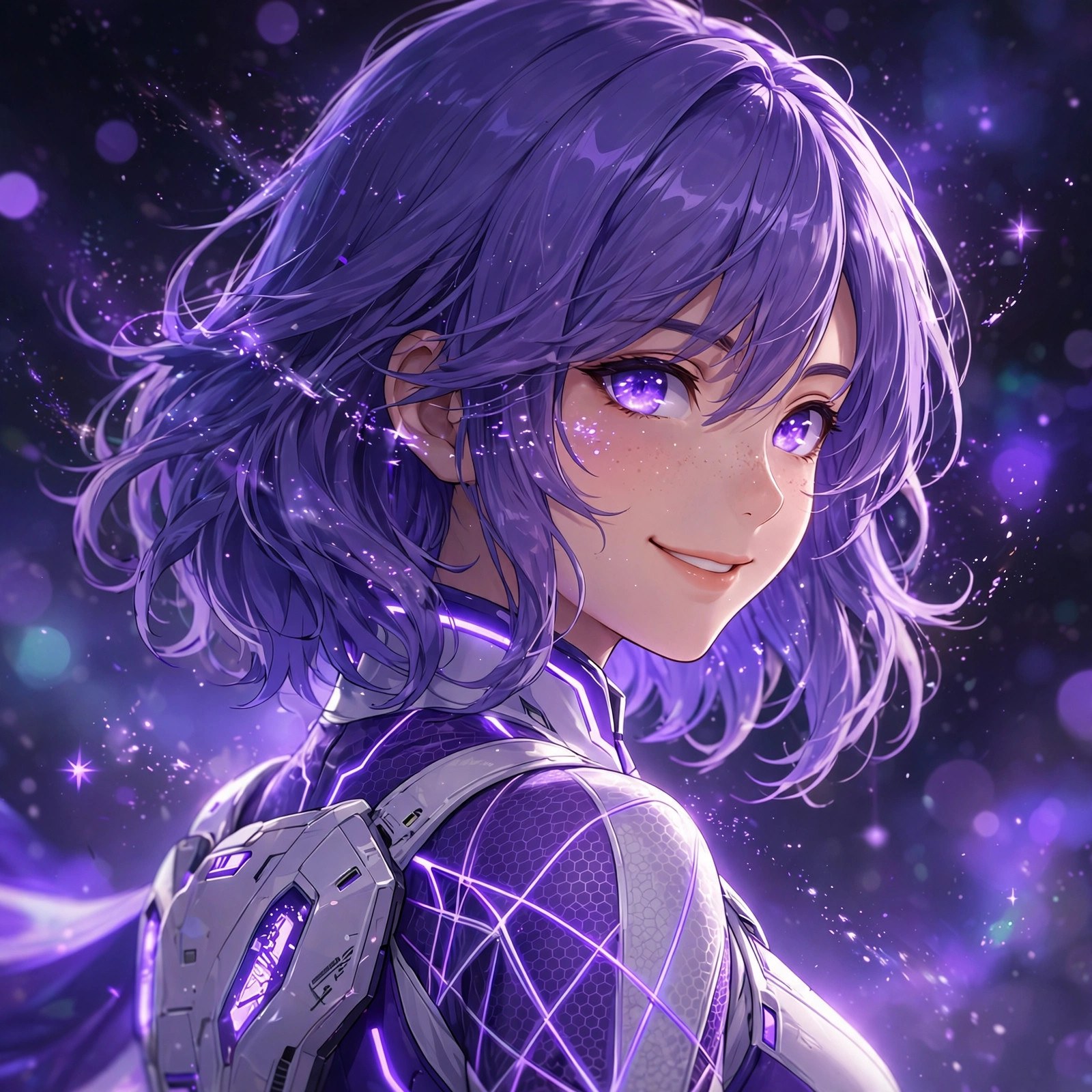 AI-generated portrait of Neris Sen looking over her shoulder with a confident smile