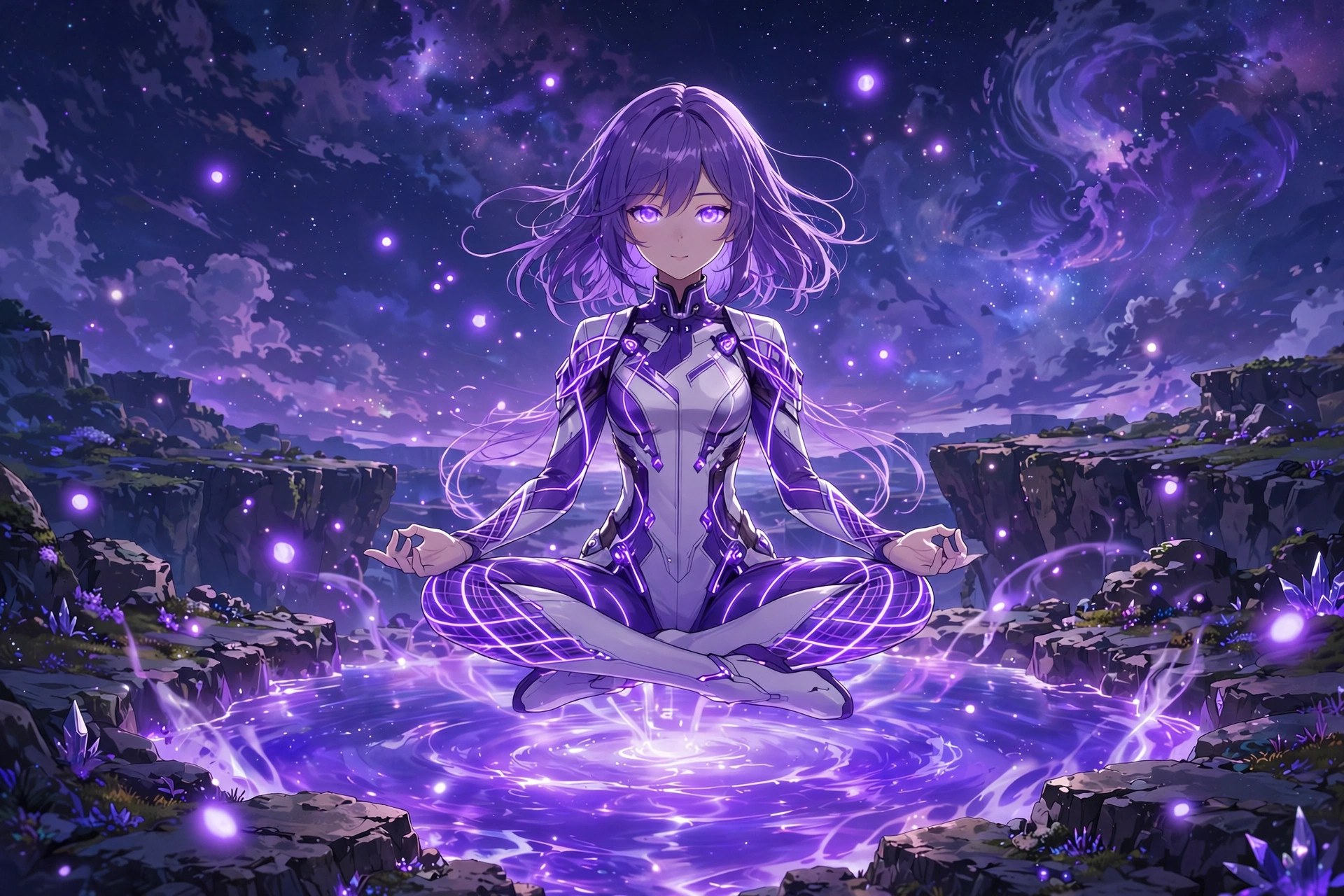 AI-generated scene of Neris Sen meditating above a glowing energy pool