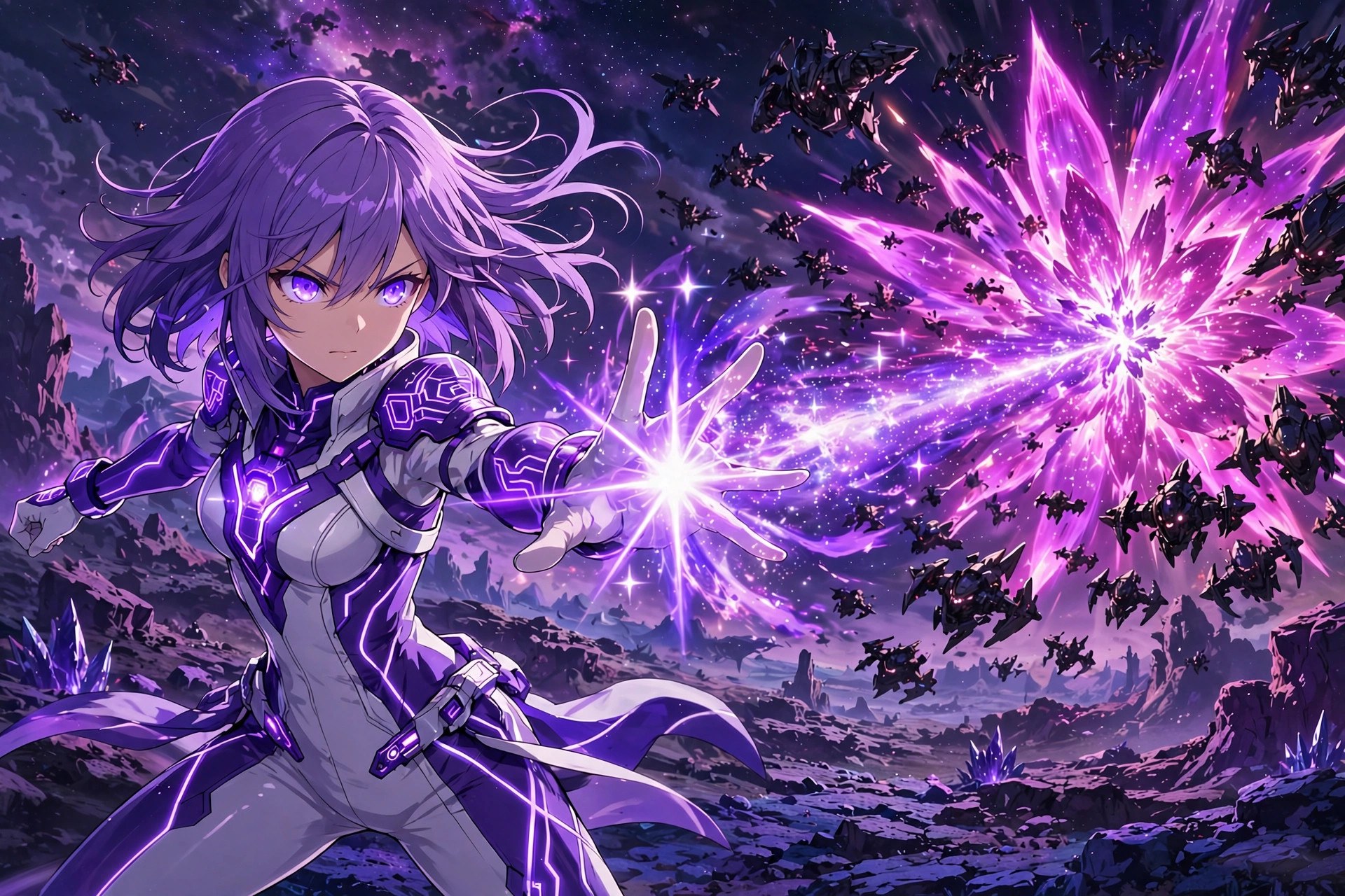 AI-generated action scene of Neris Sen firing a violet star-energy blast