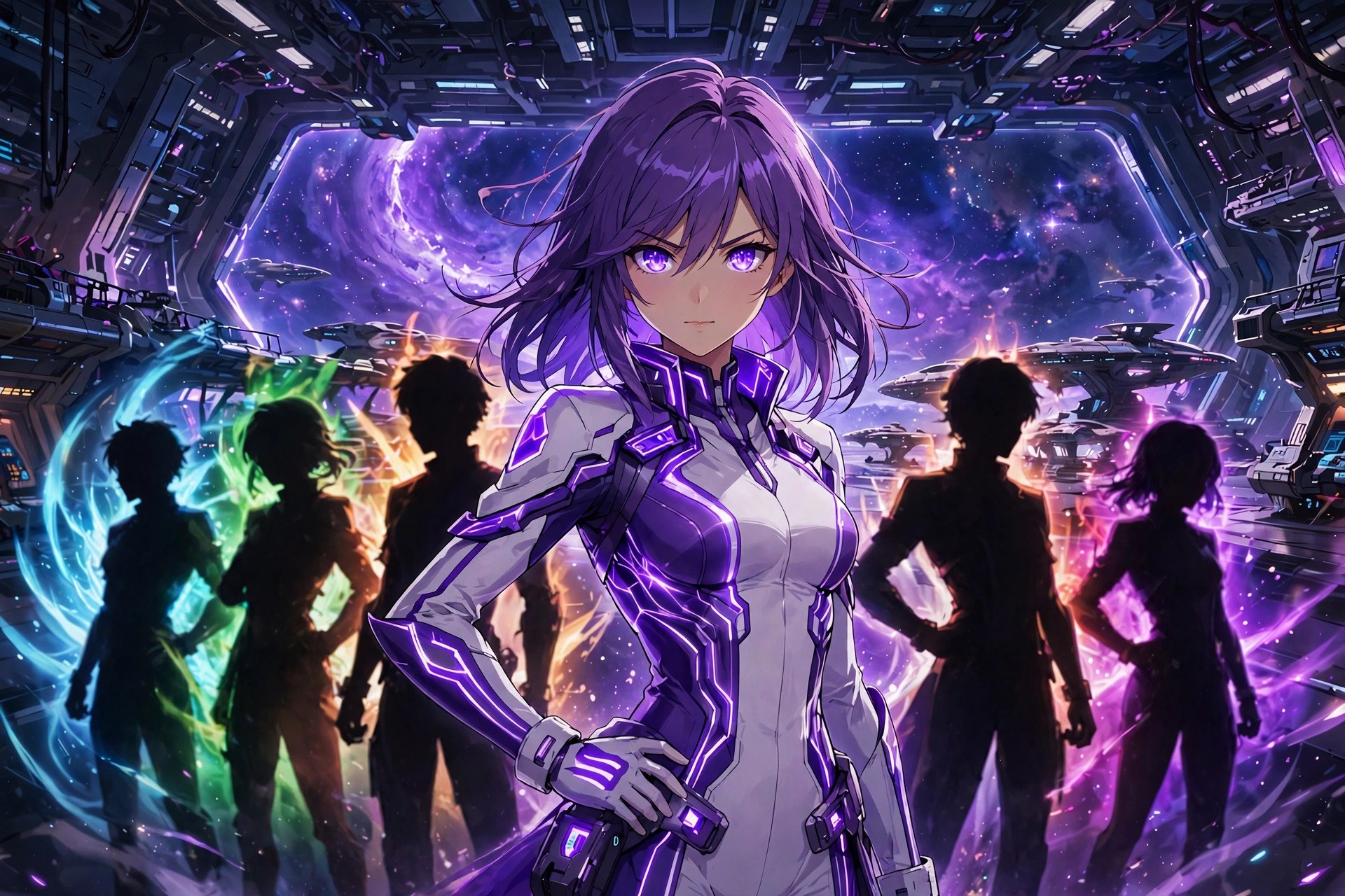 AI-generated scene of Neris Sen with her StarTeam teammates in a station hangar