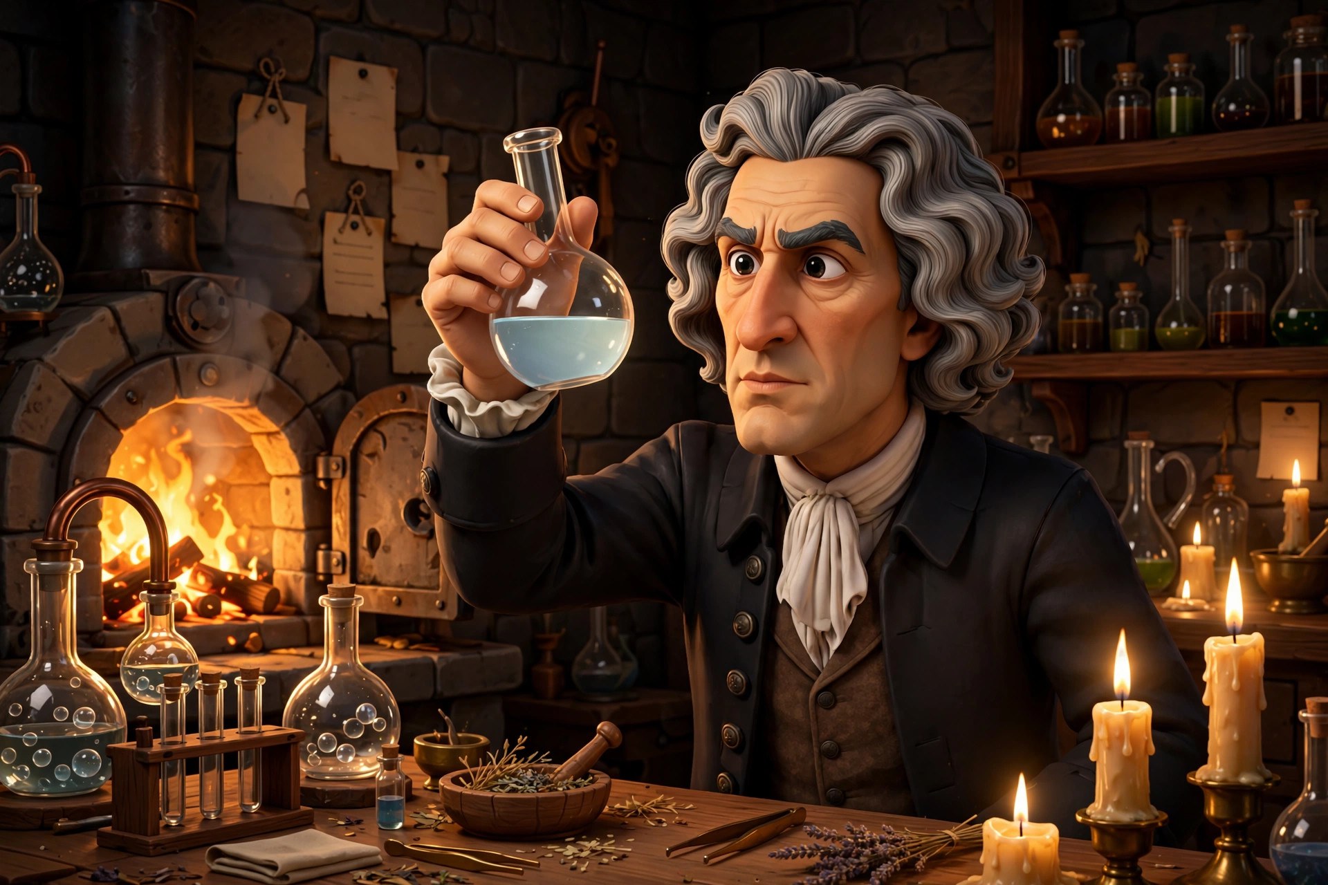 AI-generated scene: the animated Newton character holding a glass flask up to candlelight in a fire-lit alchemy laboratory