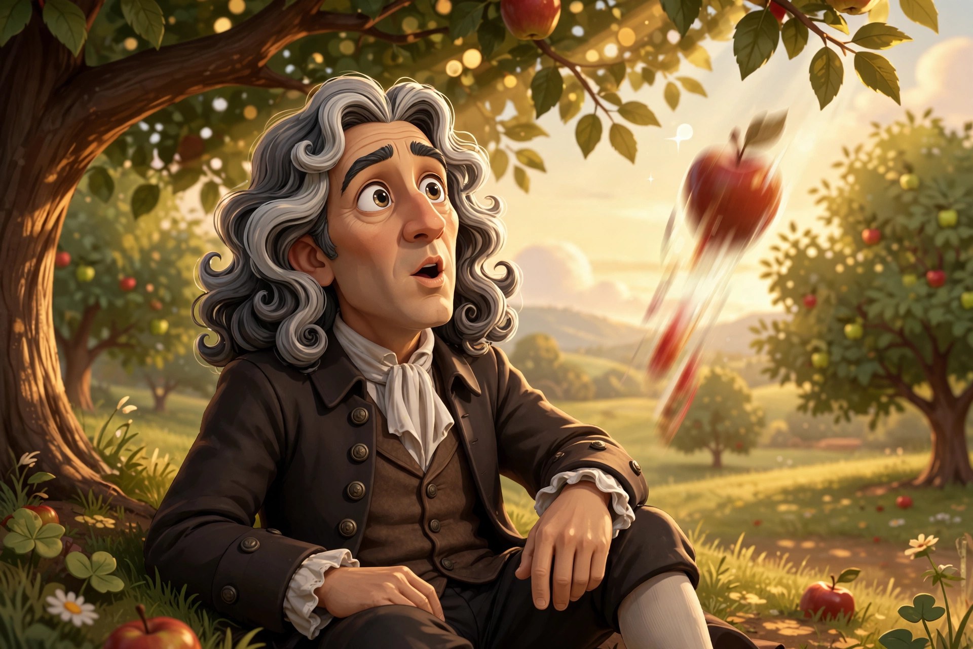 AI-generated scene: the animated Newton character under an apple tree in an orchard looking up as an apple falls mid-air