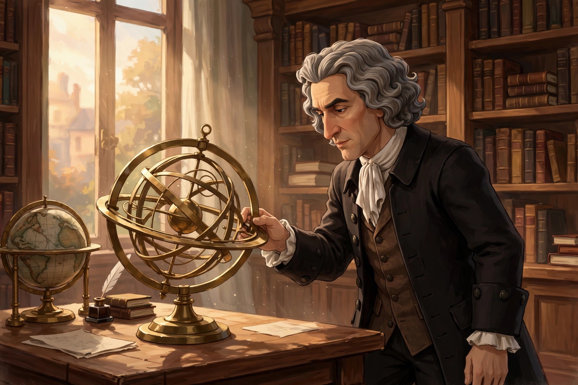 AI-generated scene: the animated Newton character turning the rings of a large brass armillary sphere in a candlelit library