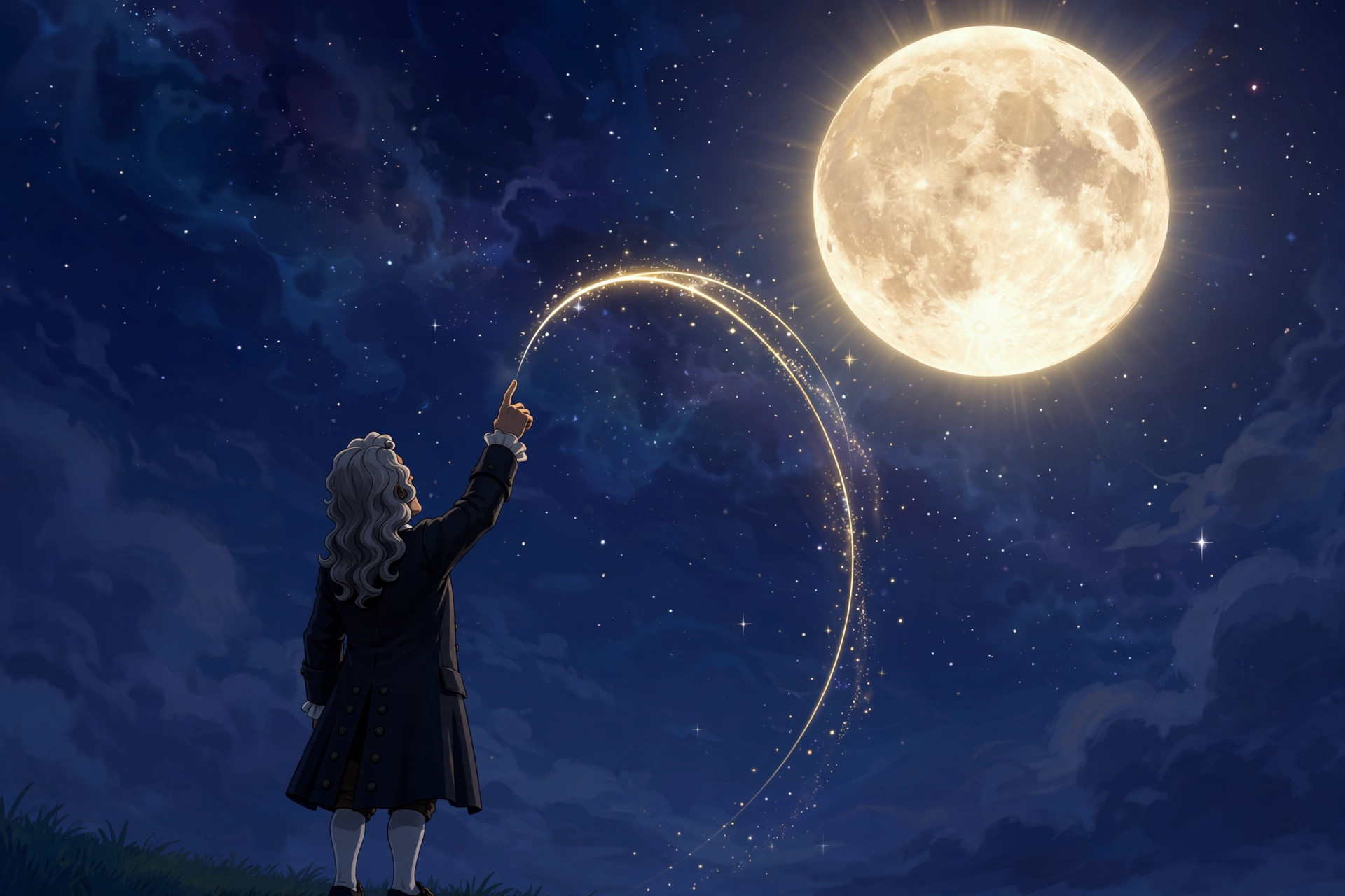 AI-generated scene: the animated Newton character seen from behind tracing a glowing orbit arc toward an enormous full moon in a starry night sky