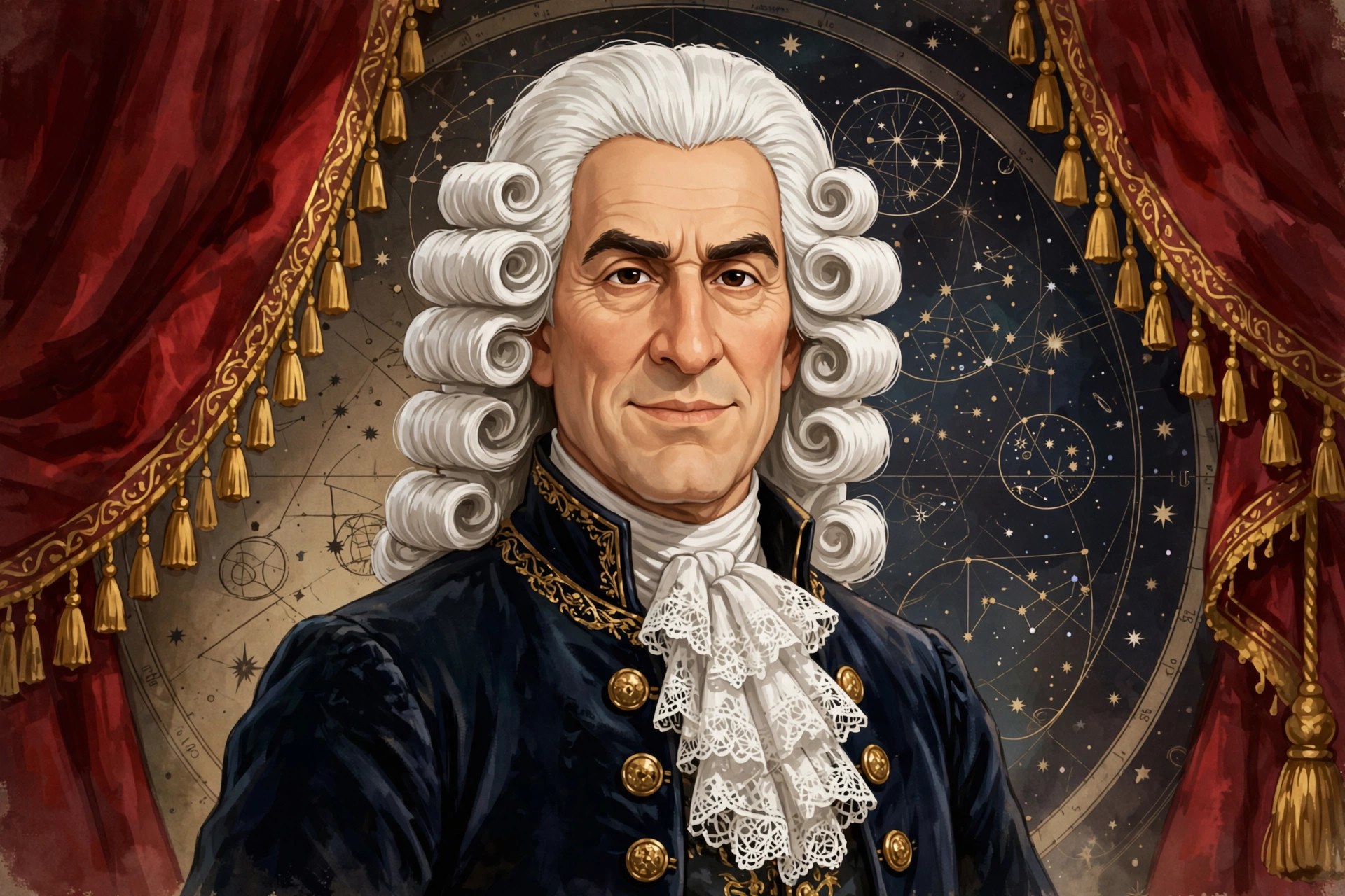 AI-generated formal portrait: the animated Newton character in a full white periwig and velvet coat with gold buttons before a crimson-and-gold backdrop