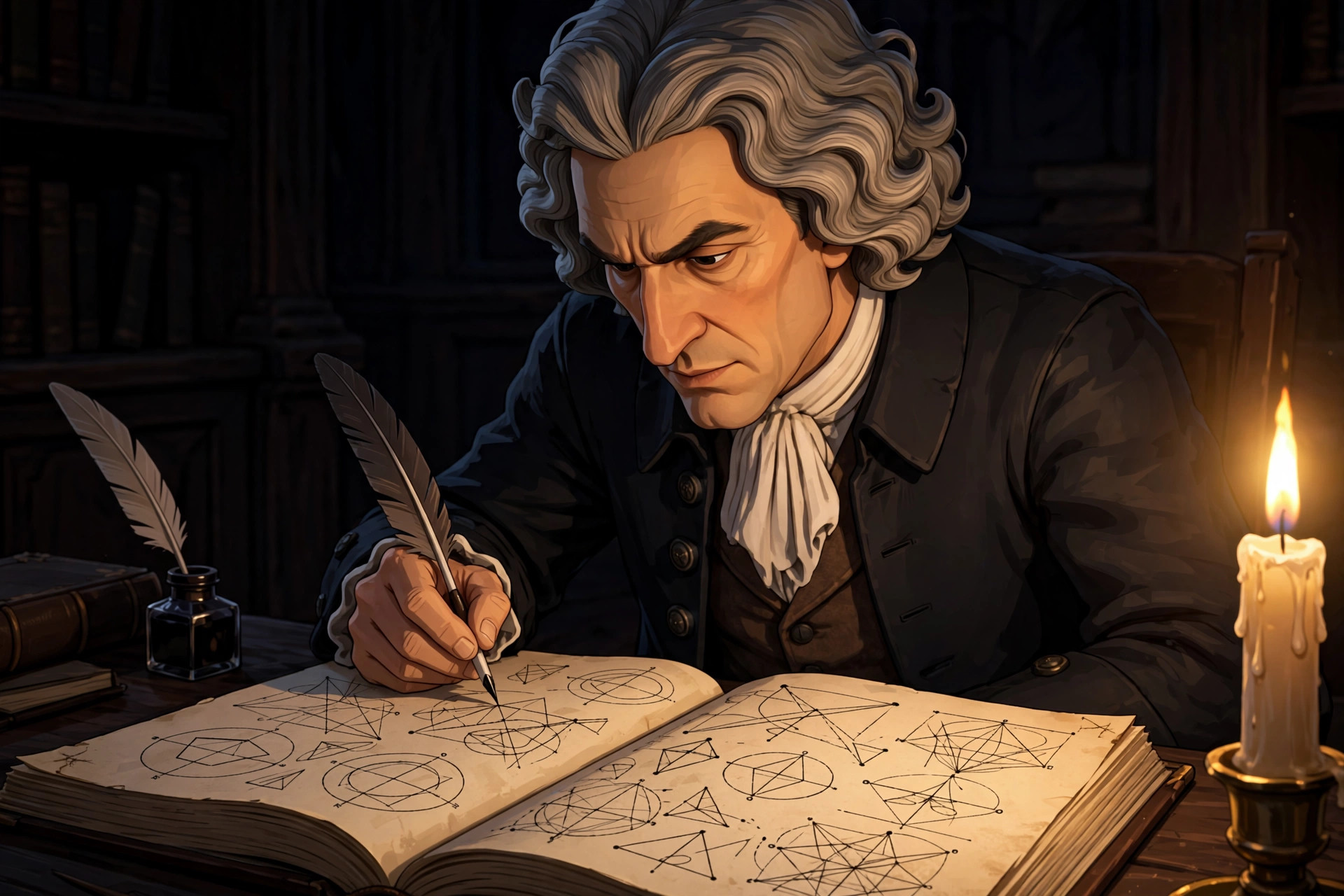AI-generated scene: the animated Newton character writing geometric diagrams in a manuscript by flickering candlelight