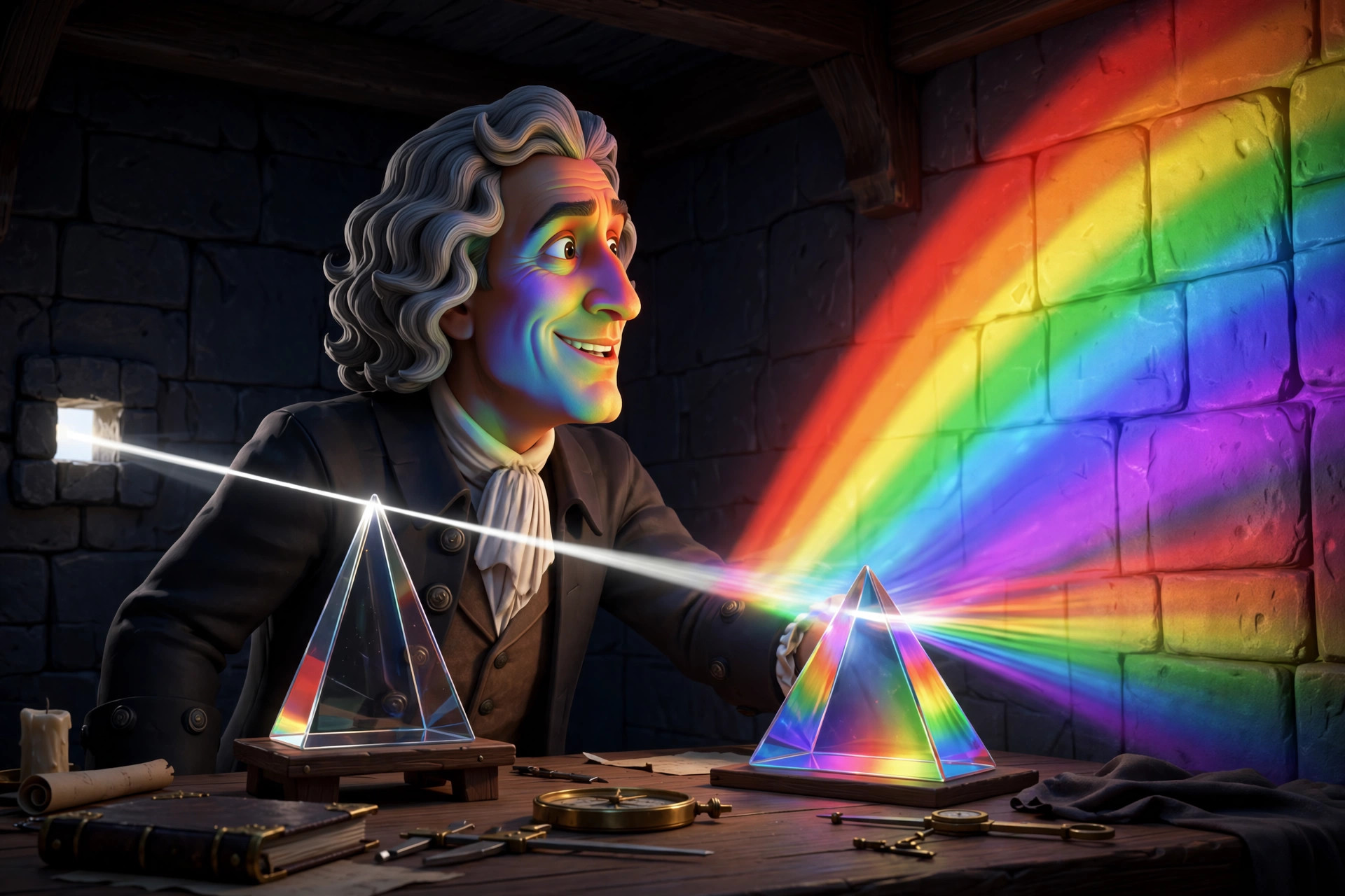 AI-generated scene: the animated Newton character performing the two-prism experiment as a brilliant rainbow spectrum fans across a dark chamber wall