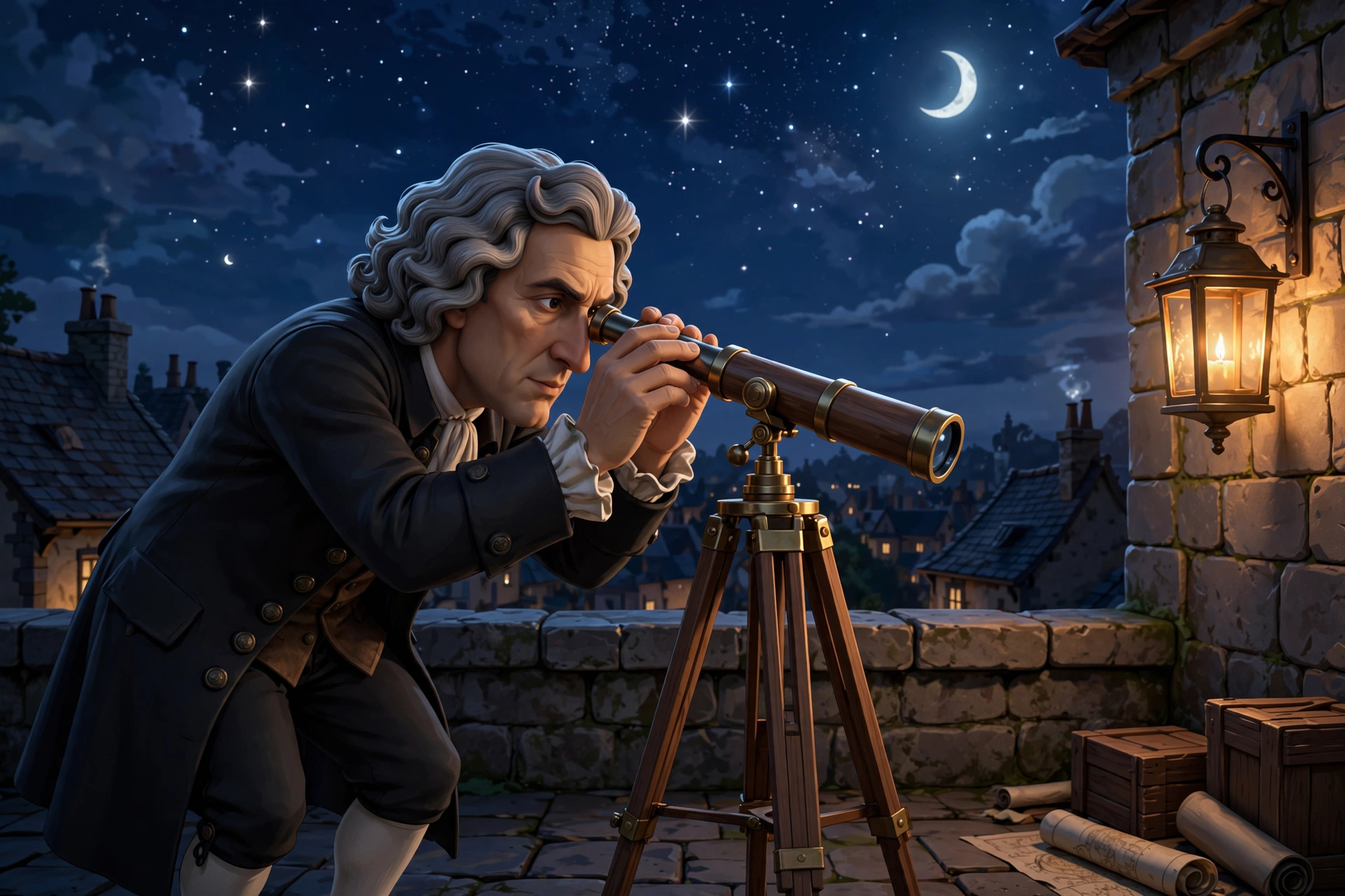 AI-generated scene: the animated Newton character peering through a reflecting telescope on a rooftop under a starry night sky