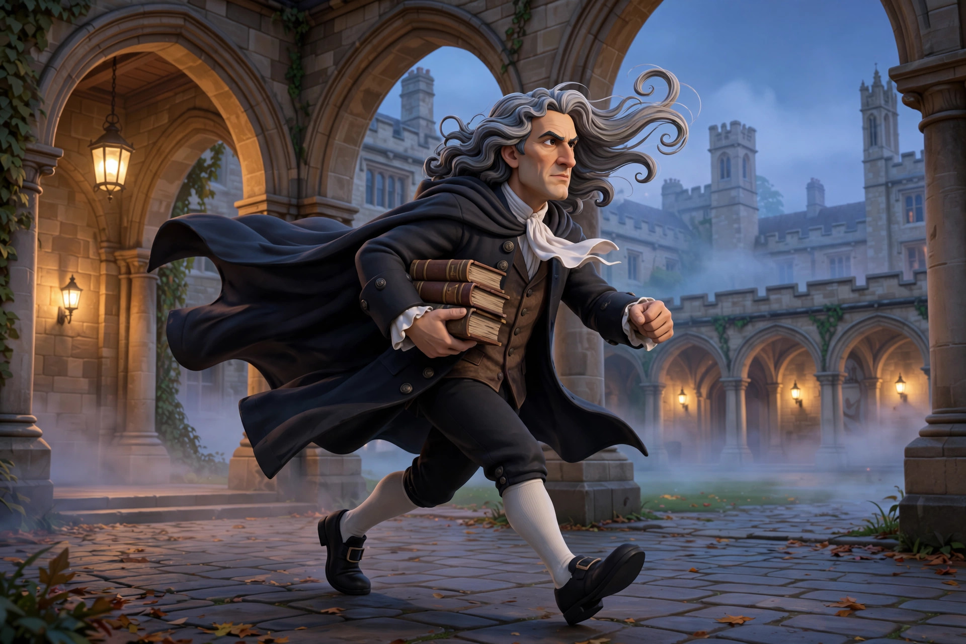 AI-generated scene: the animated Newton character striding across a Cambridge college courtyard at dusk carrying a stack of books