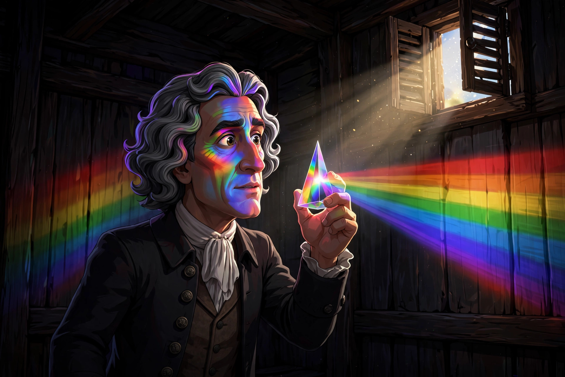 AI-generated scene: the animated Newton character splitting a beam of daylight through a glass prism into a rainbow spectrum across a darkened chamber wall