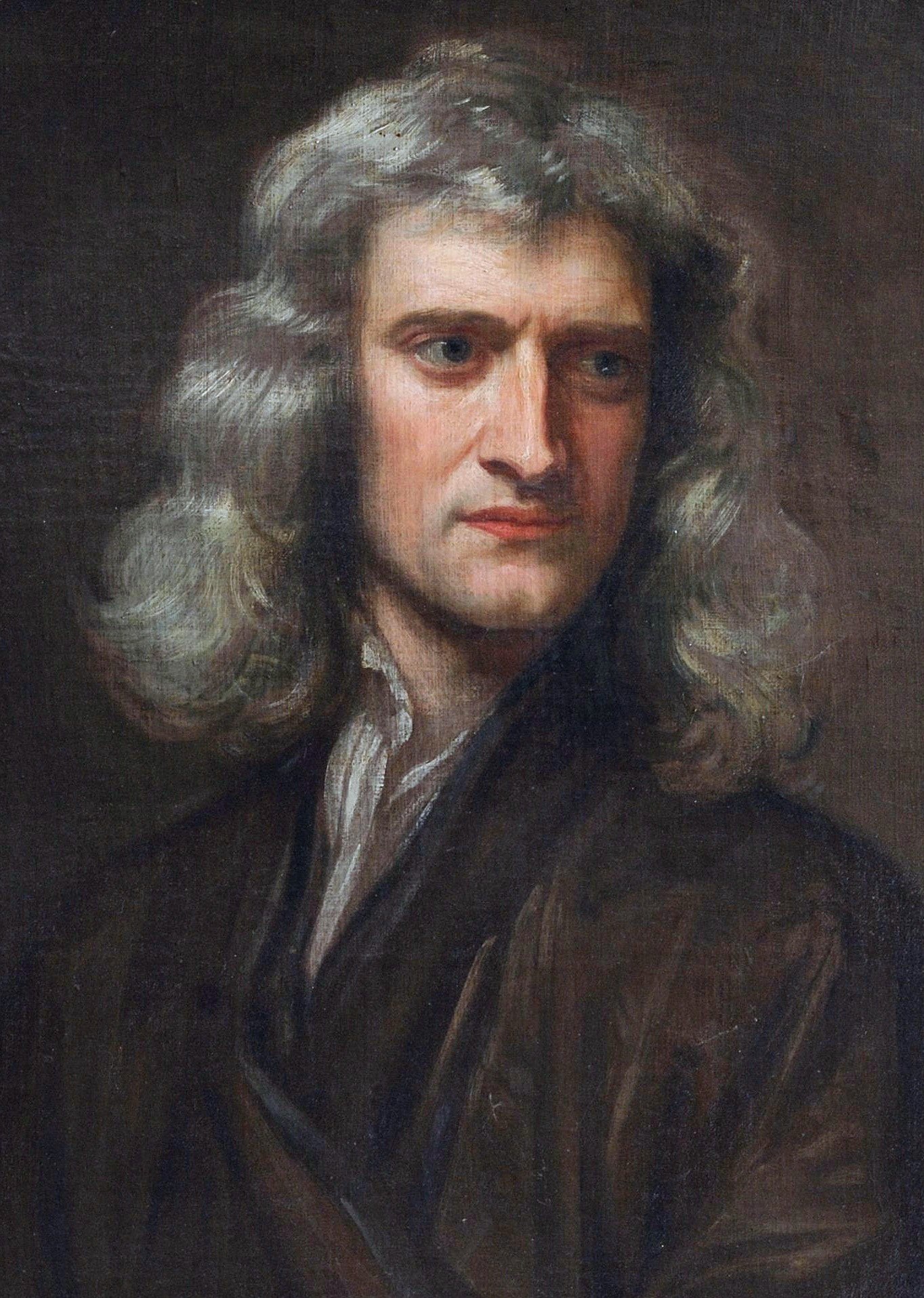 Godfrey Kneller's 1689 portrait of Isaac Newton, aged 46: long dark hair, direct gaze, in a brown coat