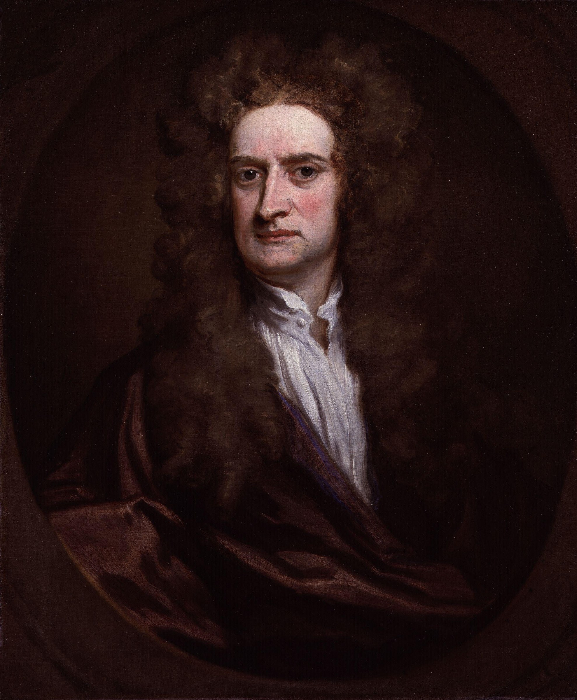 Godfrey Kneller's 1702 portrait of Newton: long grey hair, dark coat, white cravat