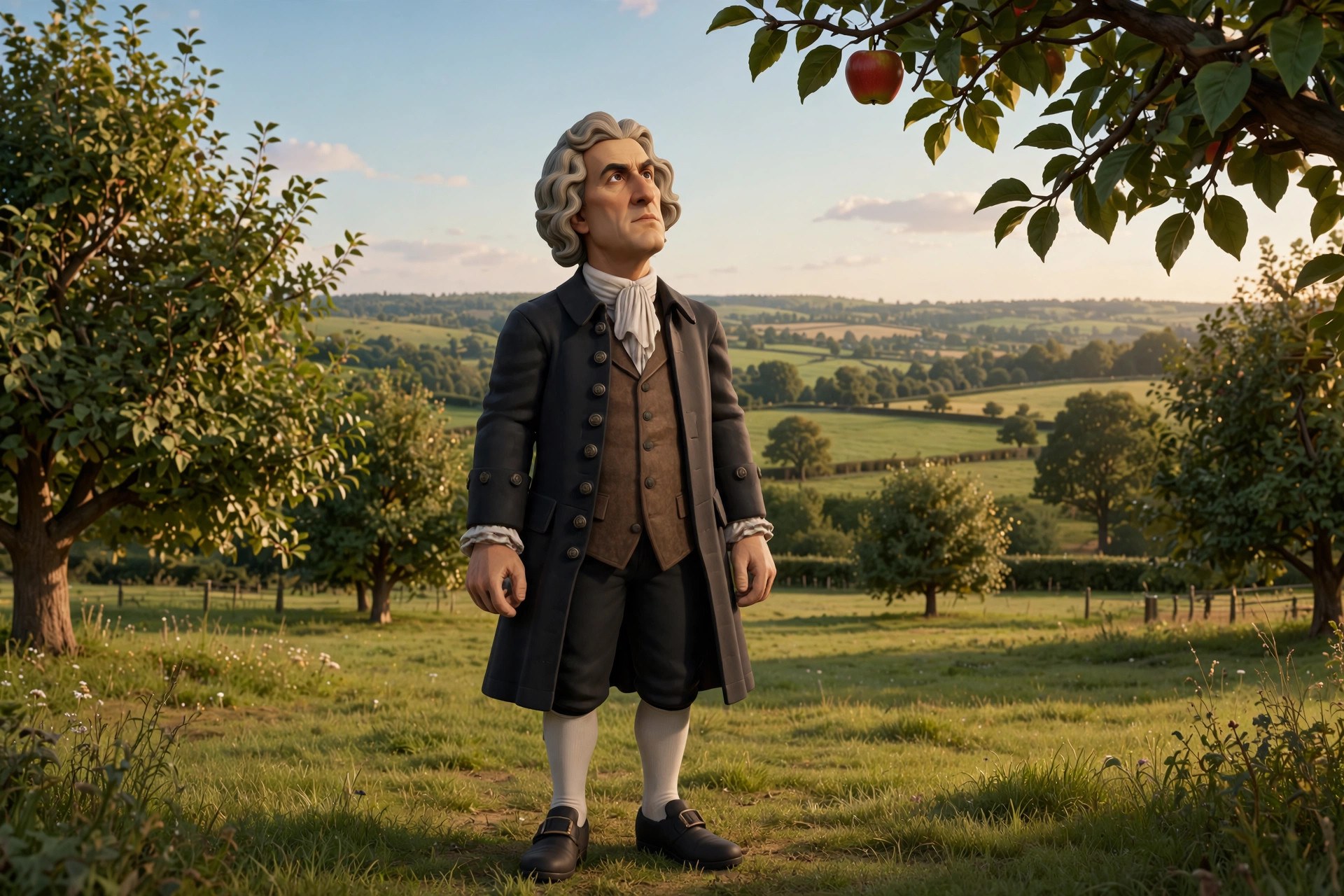 AI-generated scene: the animated Newton character in an orchard gazing up at a falling apple
