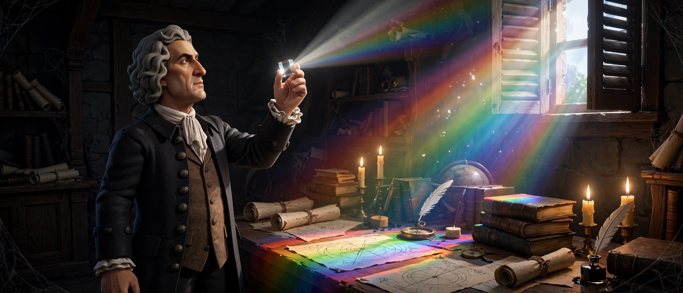 AI-generated banner art: the animated Newton character in his study, holding a prism that throws a spectrum across the desk