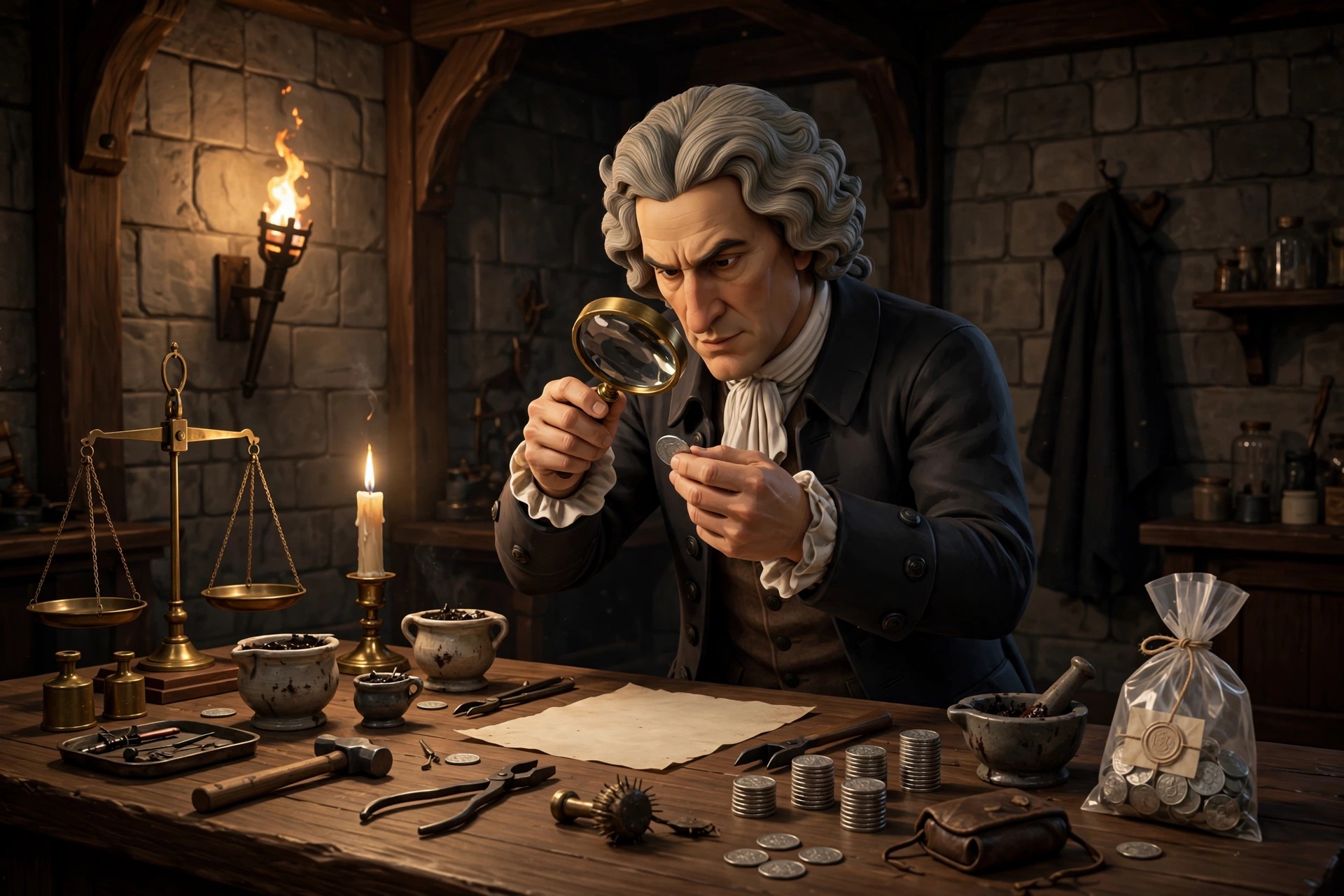 AI-generated scene: the animated Newton character examining a coin with a magnifier at a Mint assay bench