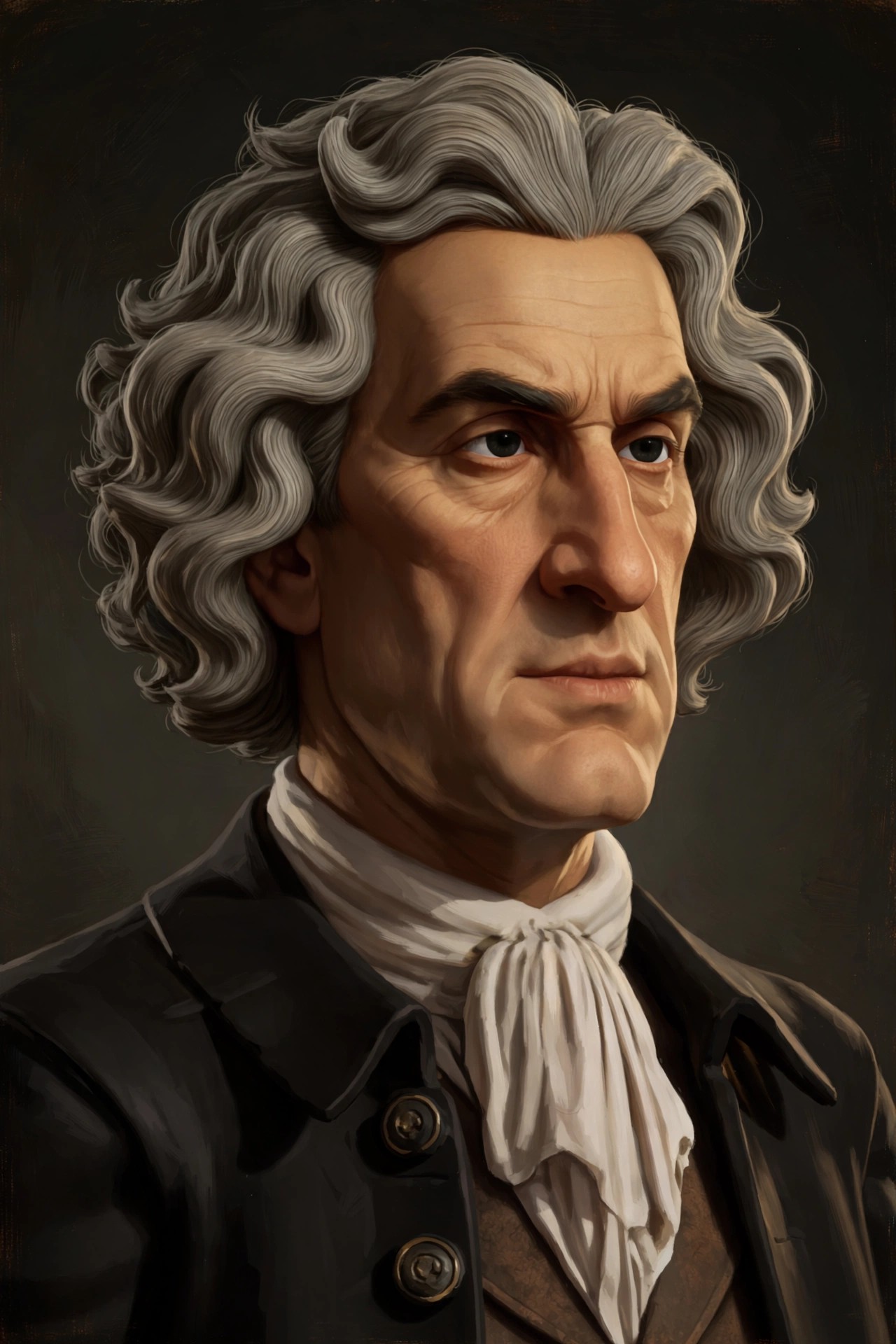AI-generated three-quarter character portrait of the animated Newton in a dark coat and white cravat