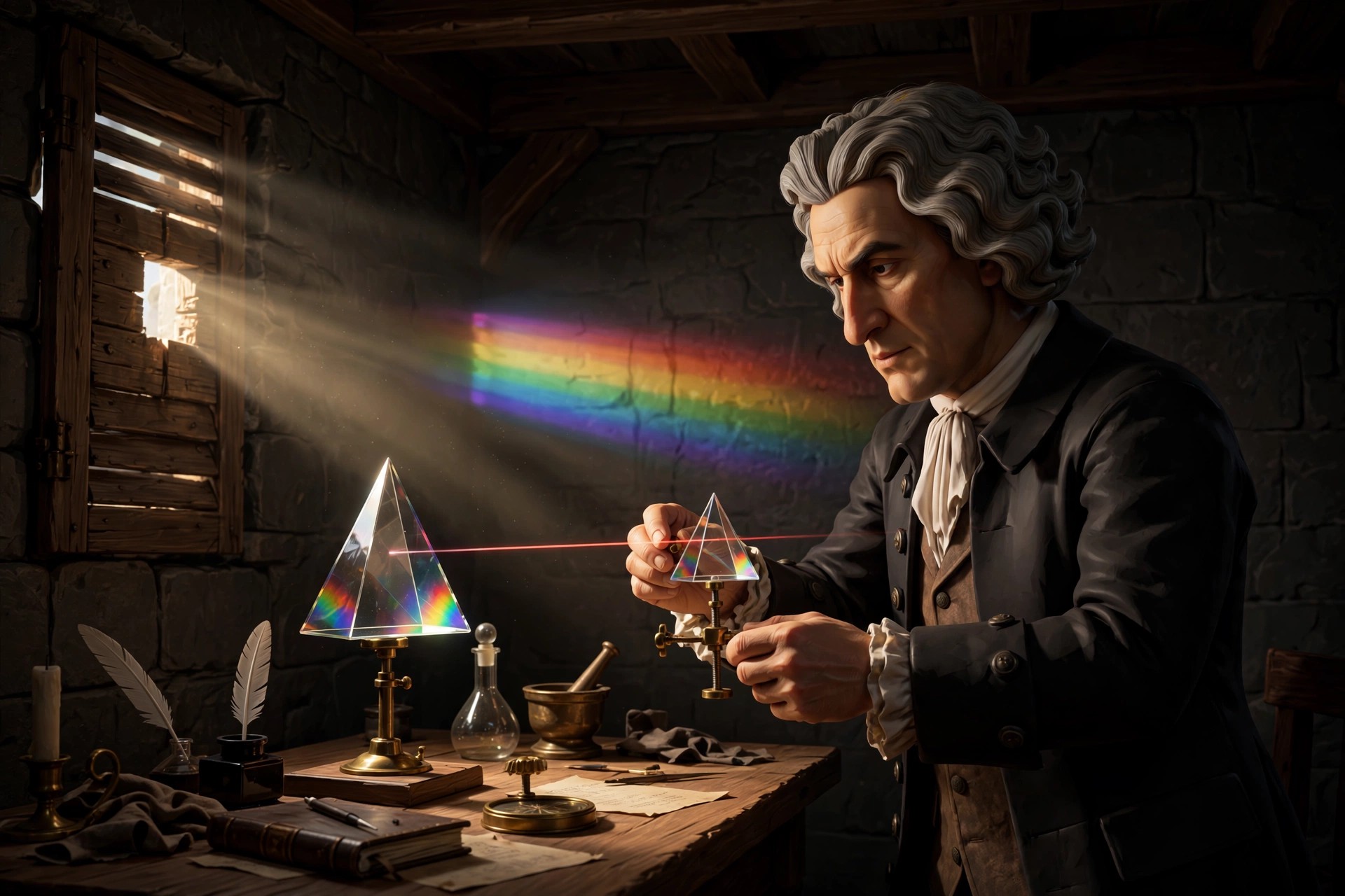 AI-generated art of the animated Newton character performing the two-prism experiment