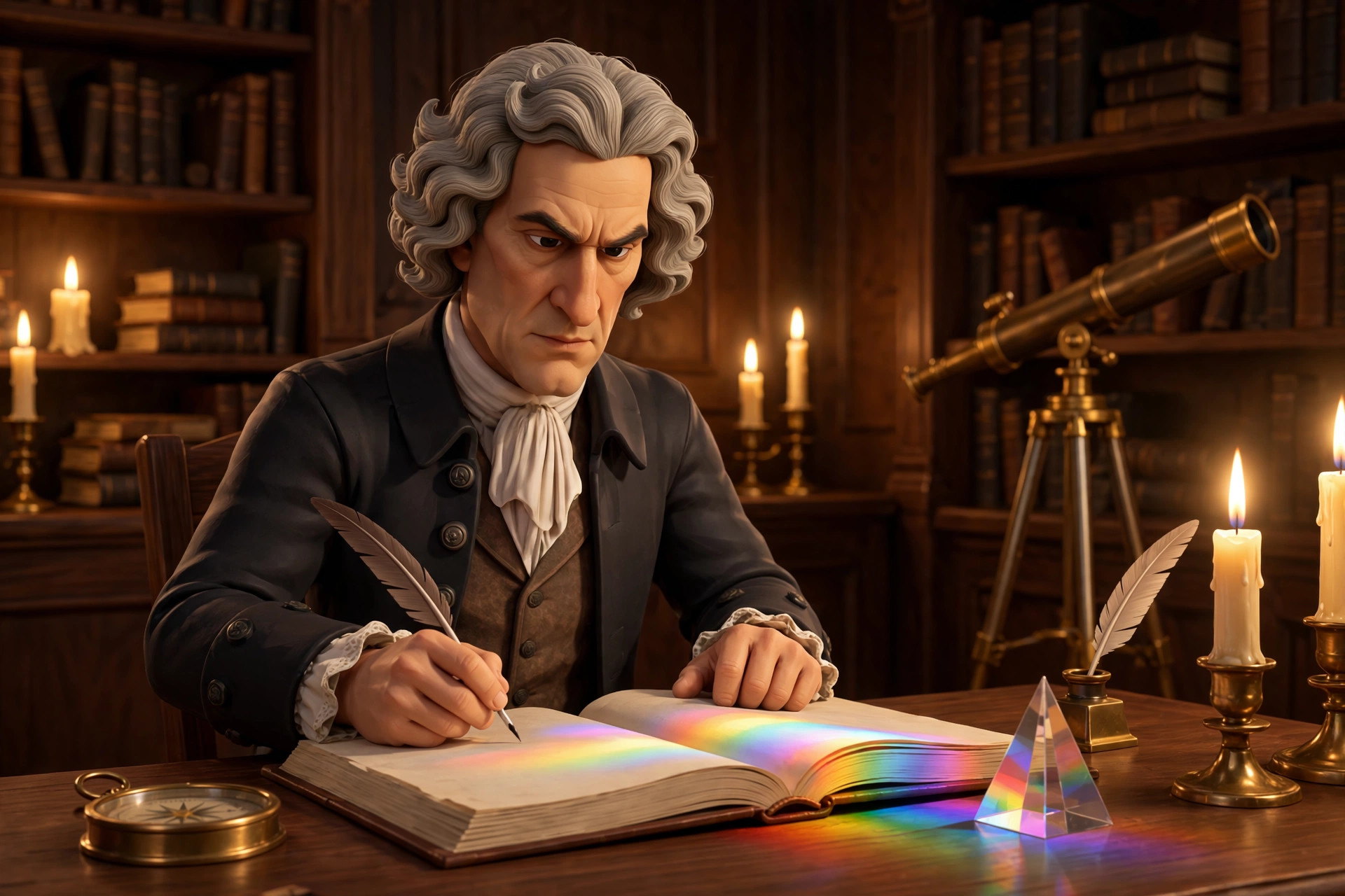 AI-generated scene: the animated Newton character writing at his desk by candlelight