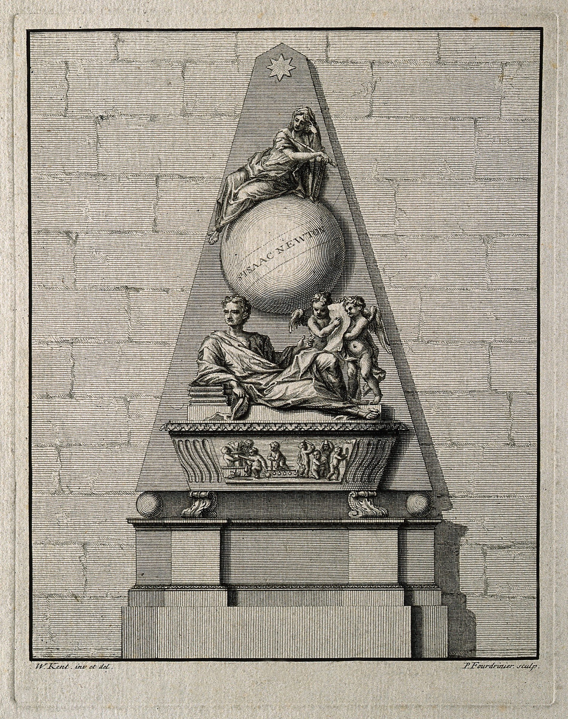 Engraving of Newton's monument in Westminster Abbey: the reclining figure among books beside a celestial globe
