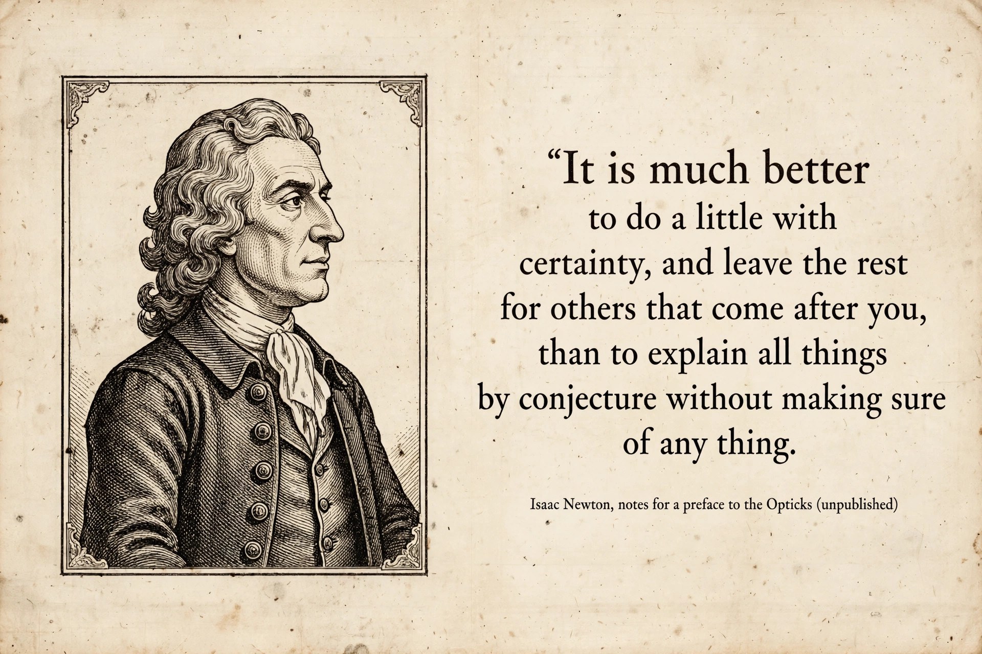 AI-generated quote card: Newton profile beside the quote 'It is much better to do a little with certainty, and leave the rest for others that come after you.'