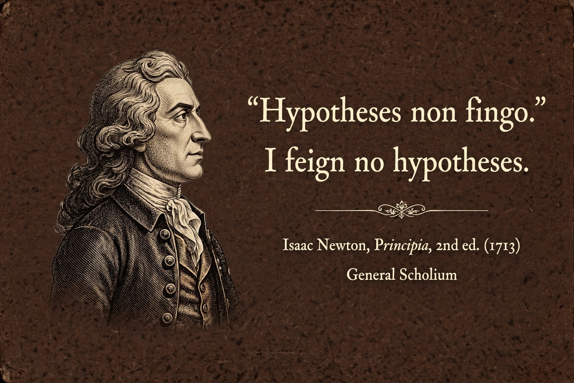 AI-generated quote card: Newton profile beside the quote 'Hypotheses non fingo. I feign no hypotheses.'