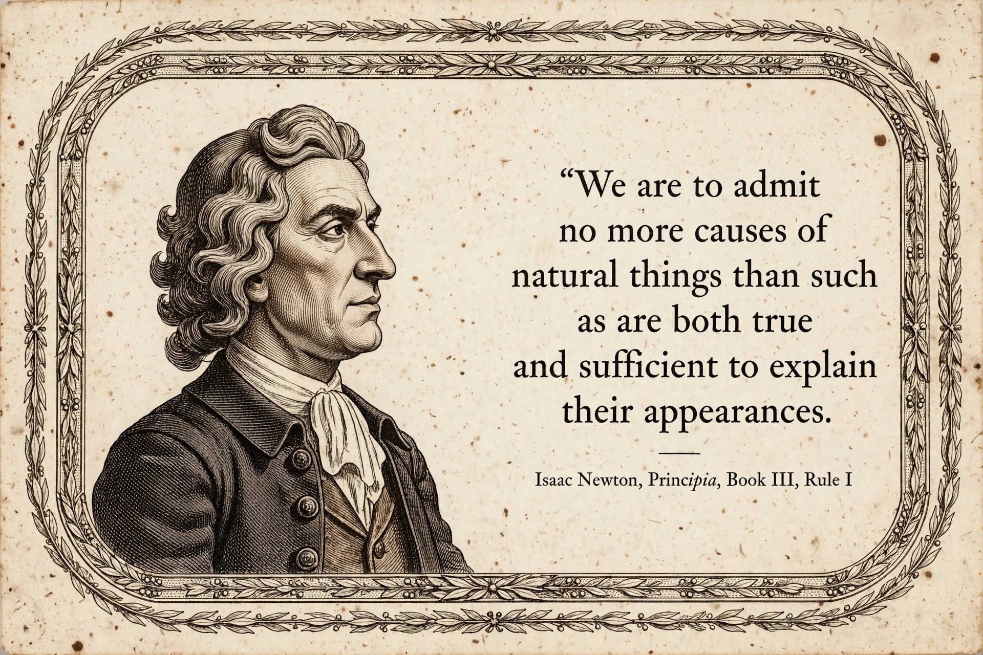 AI-generated quote card: Newton profile beside the quote 'We are to admit no more causes of natural things than such as are both true and sufficient to explain their appearances.'