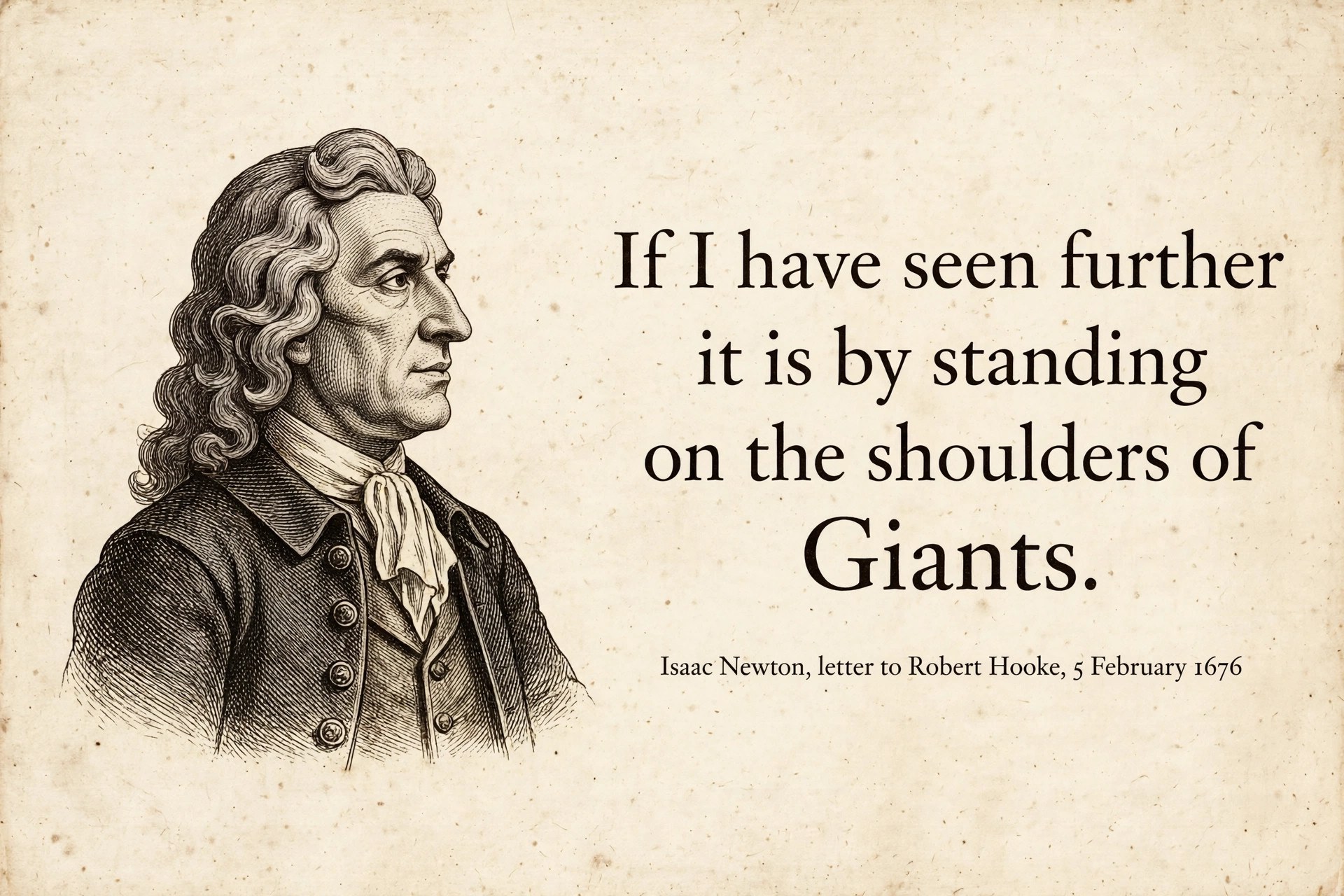 AI-generated quote card: Newton profile engraving beside the quote 'If I have seen further it is by standing on the shoulders of Giants'