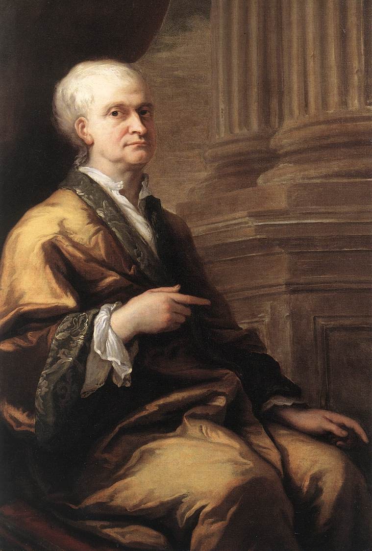 James Thornhill's portrait of Sir Isaac Newton in later life: long grey hair, dark coat, white cravat