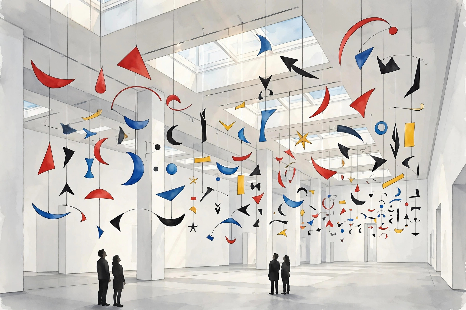 AI-generated dramatization art: exhibition hall full of mobiles with visitors looking up