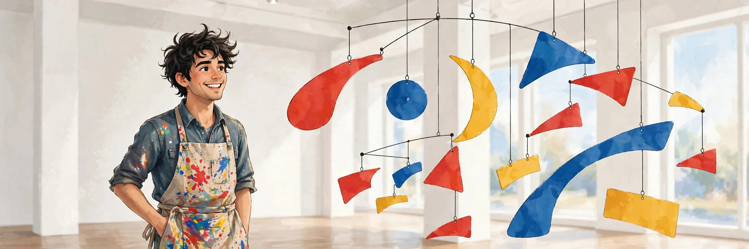 AI-generated dramatization art: Nico Calder in a paint-splattered apron beside a giant colorful hanging mobile in a white gallery