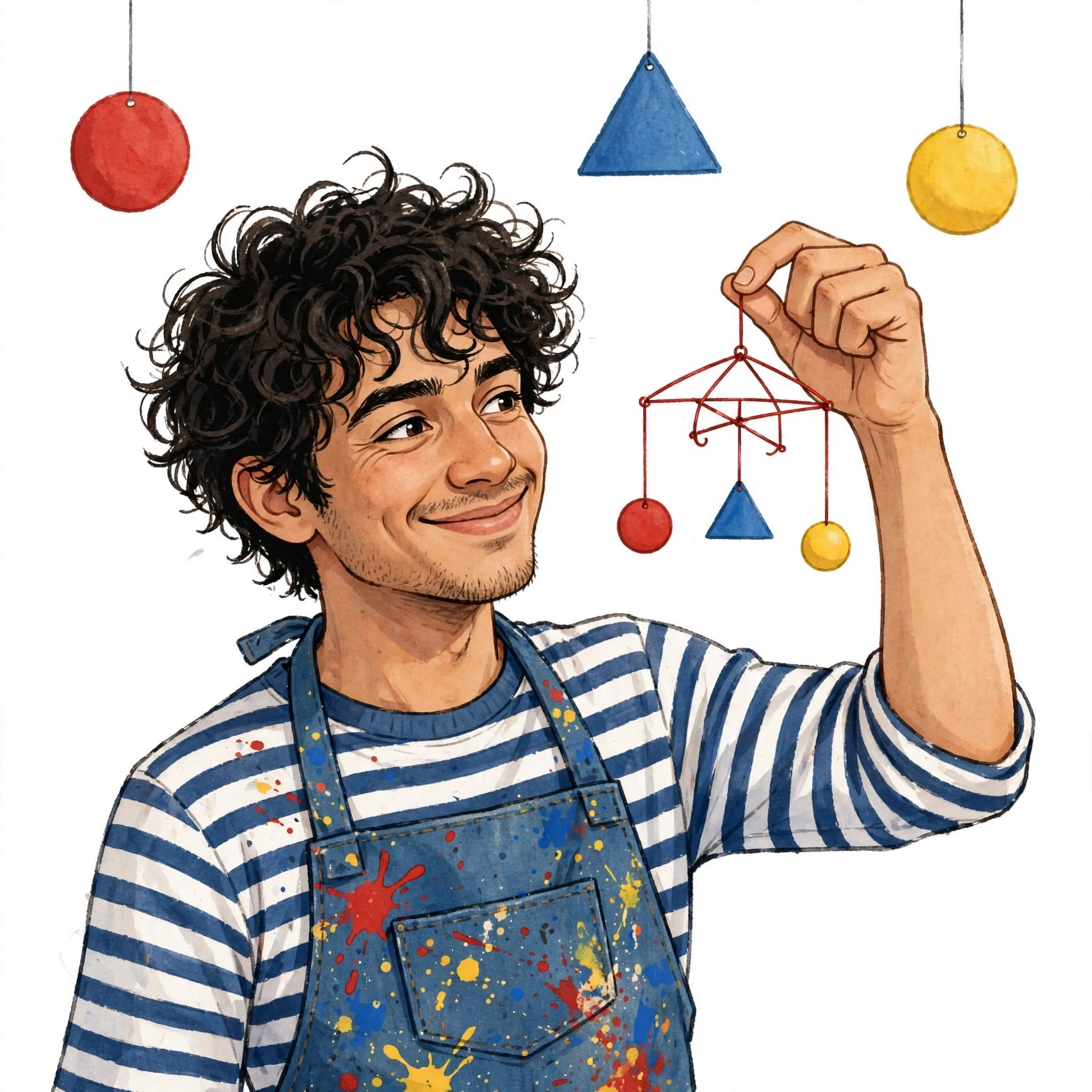 AI-generated dramatization art: portrait of Nico Calder holding a small red wire mobile