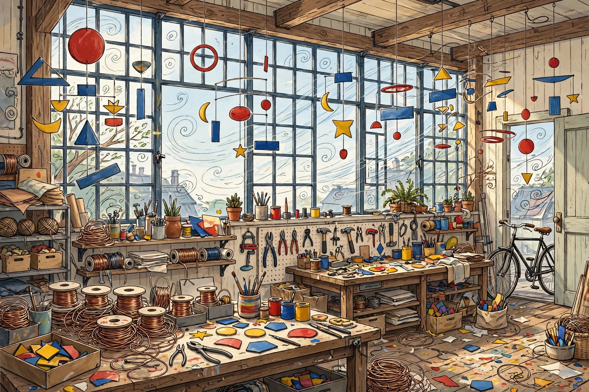 AI-generated dramatization art: the Windshop loft full of hanging mobiles