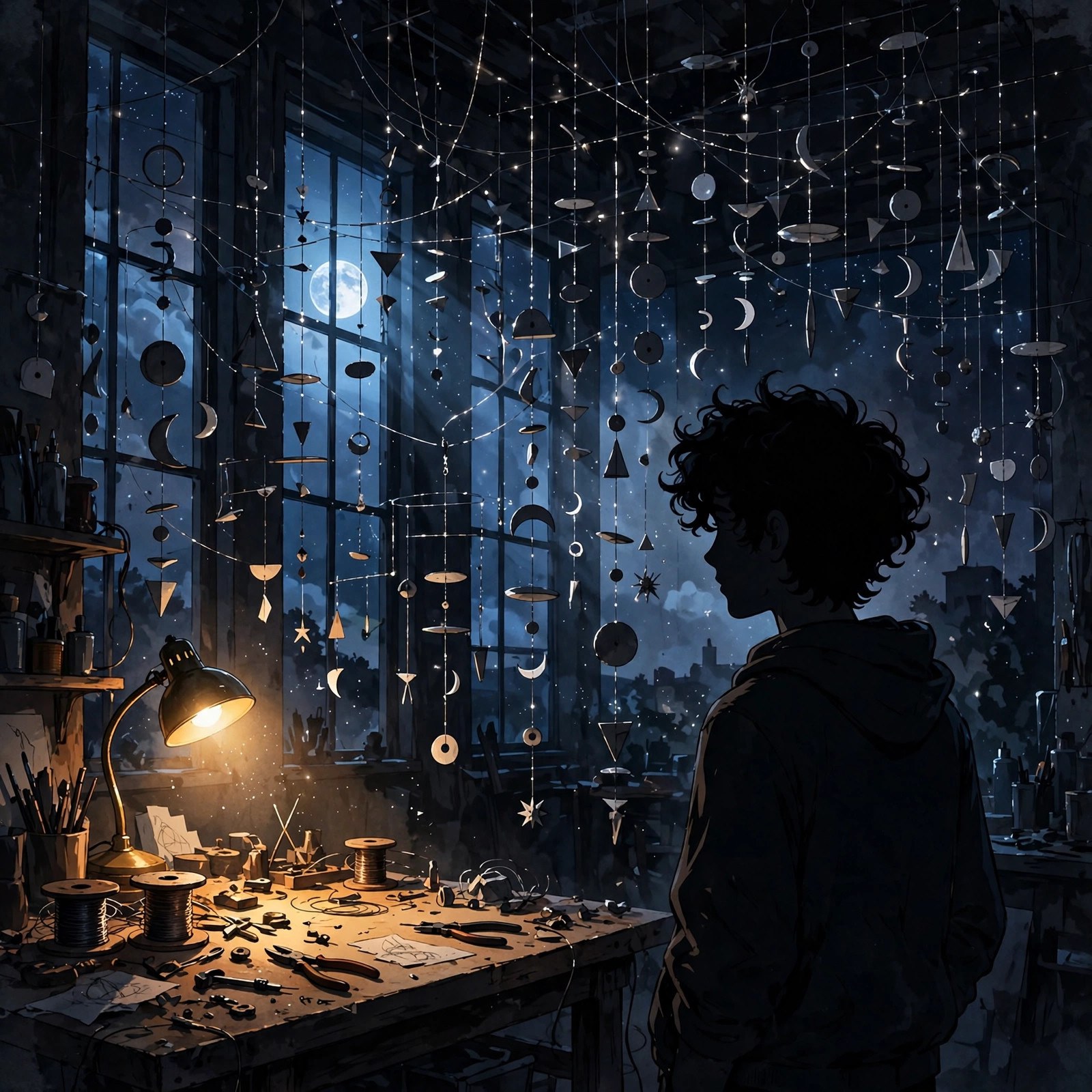 AI-generated dramatization art: After hours: Nico silhouetted among dark mobiles, one work lamp glowing.