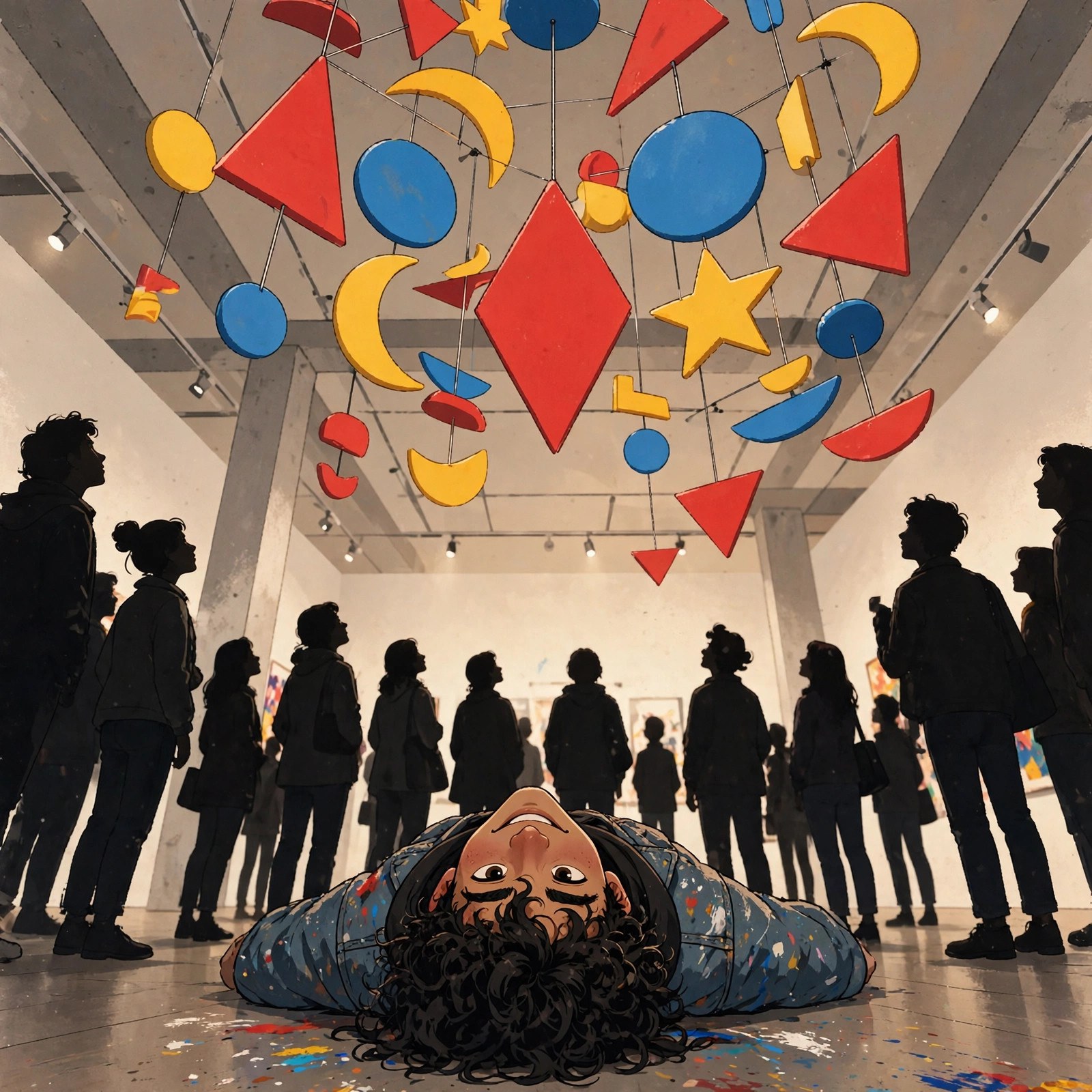 AI-generated dramatization art: Gallery opening night: Nico lying on the floor with the crowd, all looking up.