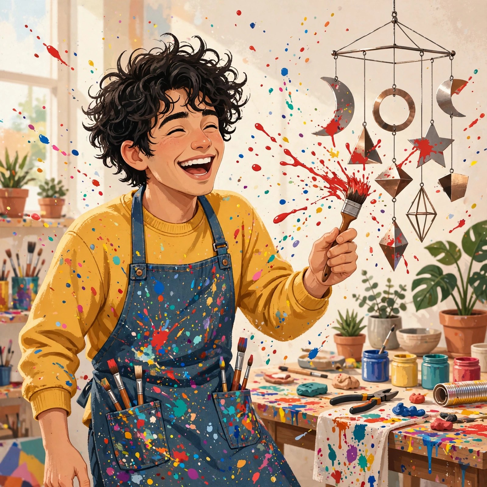 AI-generated dramatization art: Fresh speckles: Nico mid-paint-flick, apron already a masterpiece.