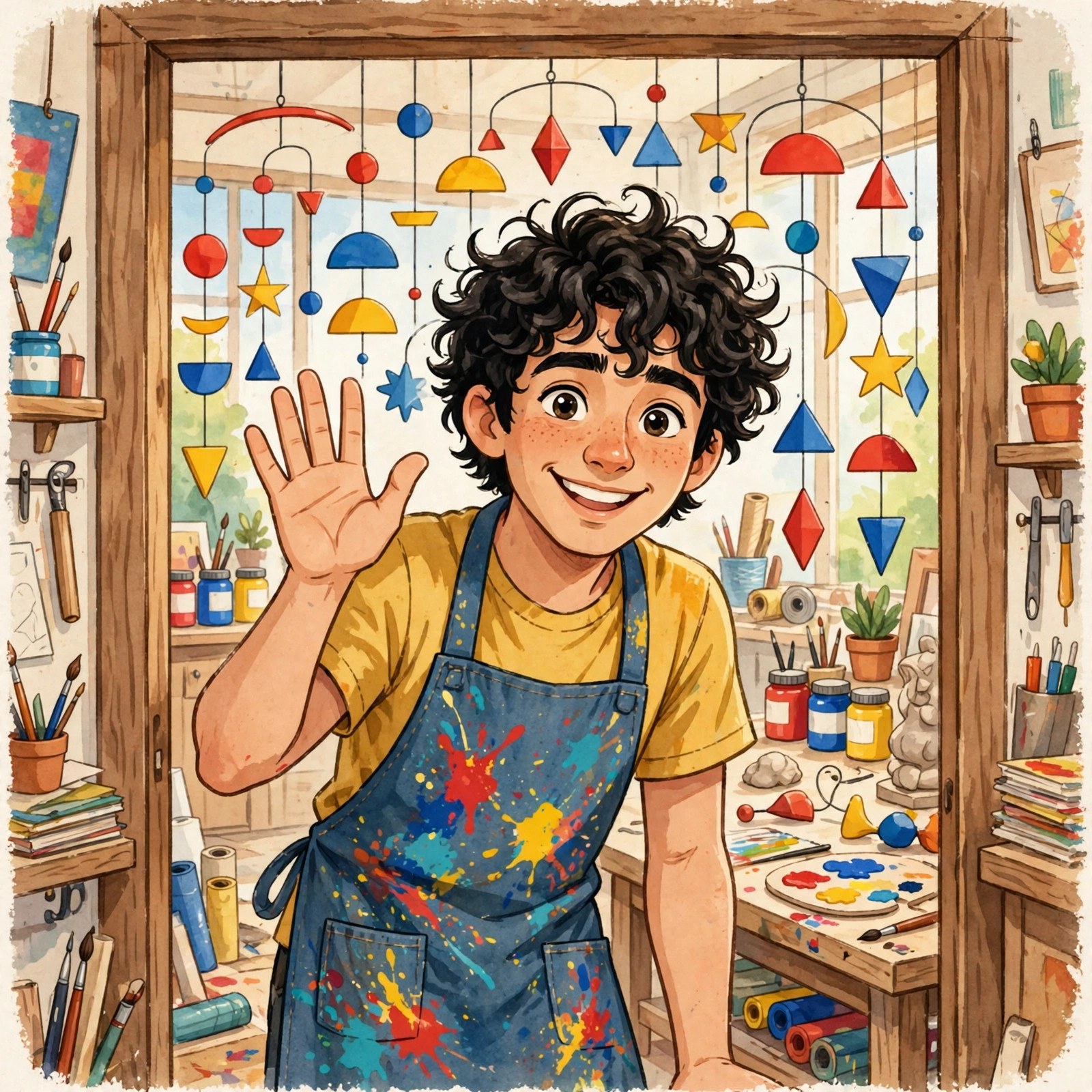 AI-generated dramatization art: Nico waving hello in the Windshop doorway, mobiles swaying behind him.