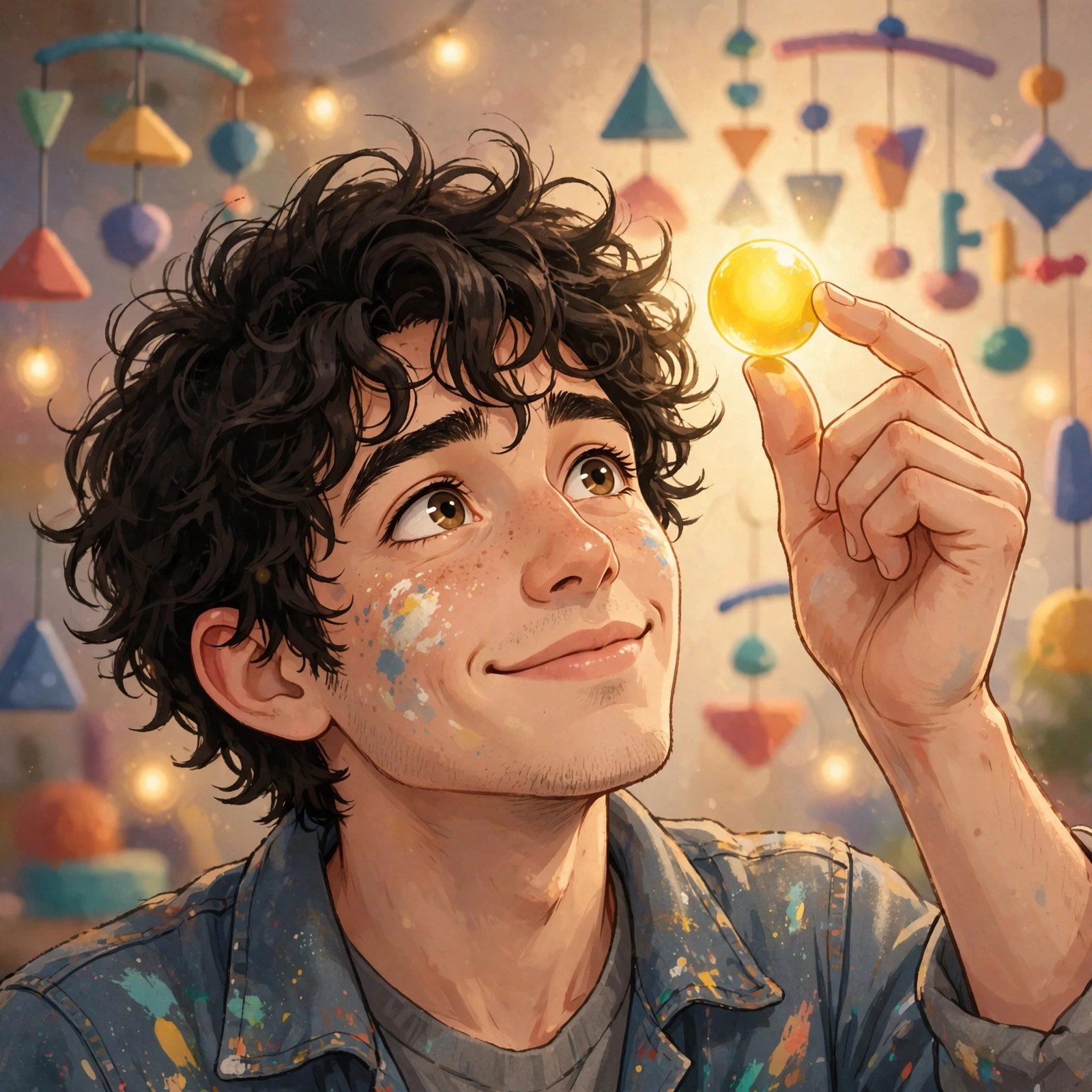 AI-generated dramatization art: Close-up wonder: Nico holding a small yellow sphere up to the light.