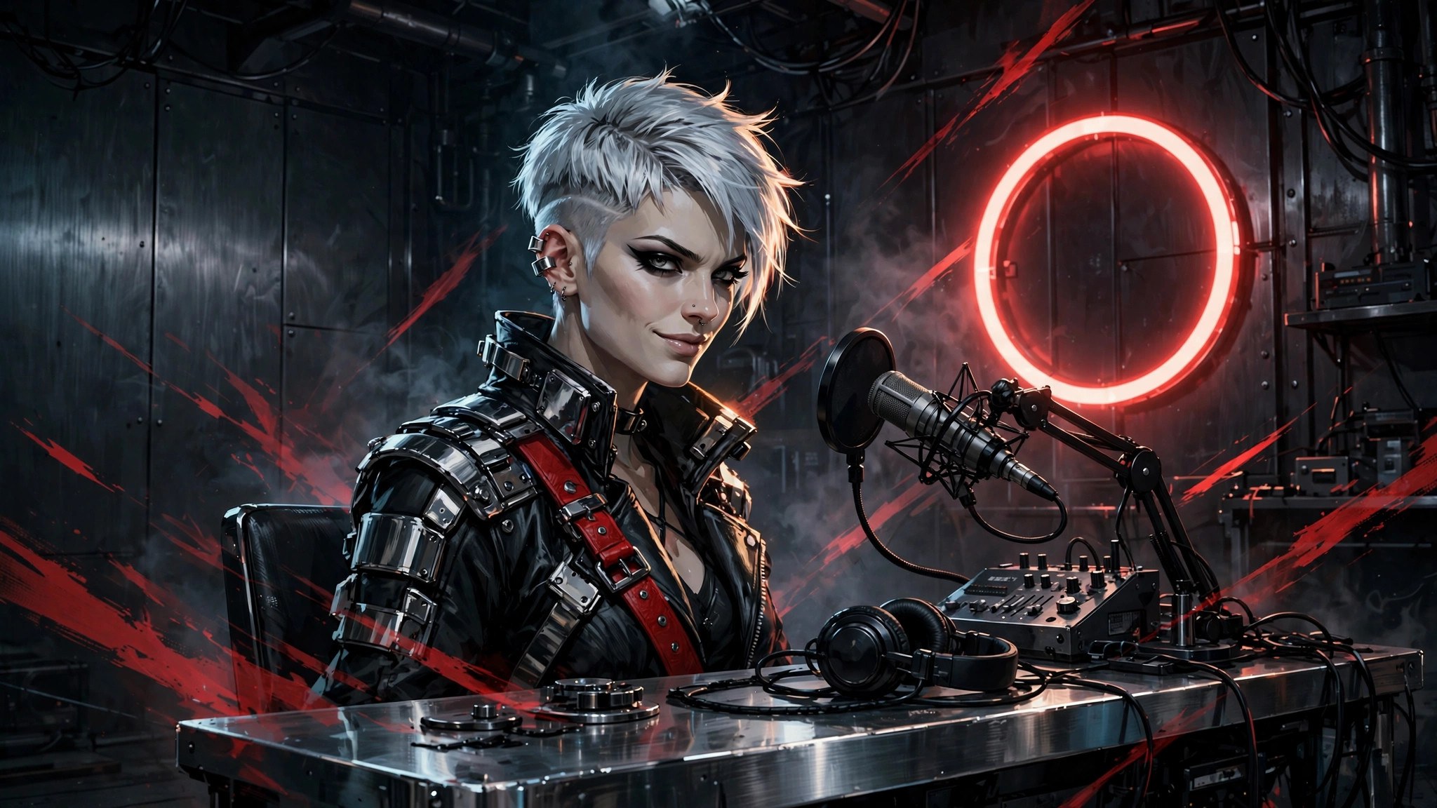 AI-generated dramatization art: Nikki Steele at a chrome streaming desk in a dark steel studio with a red ON AIR glow