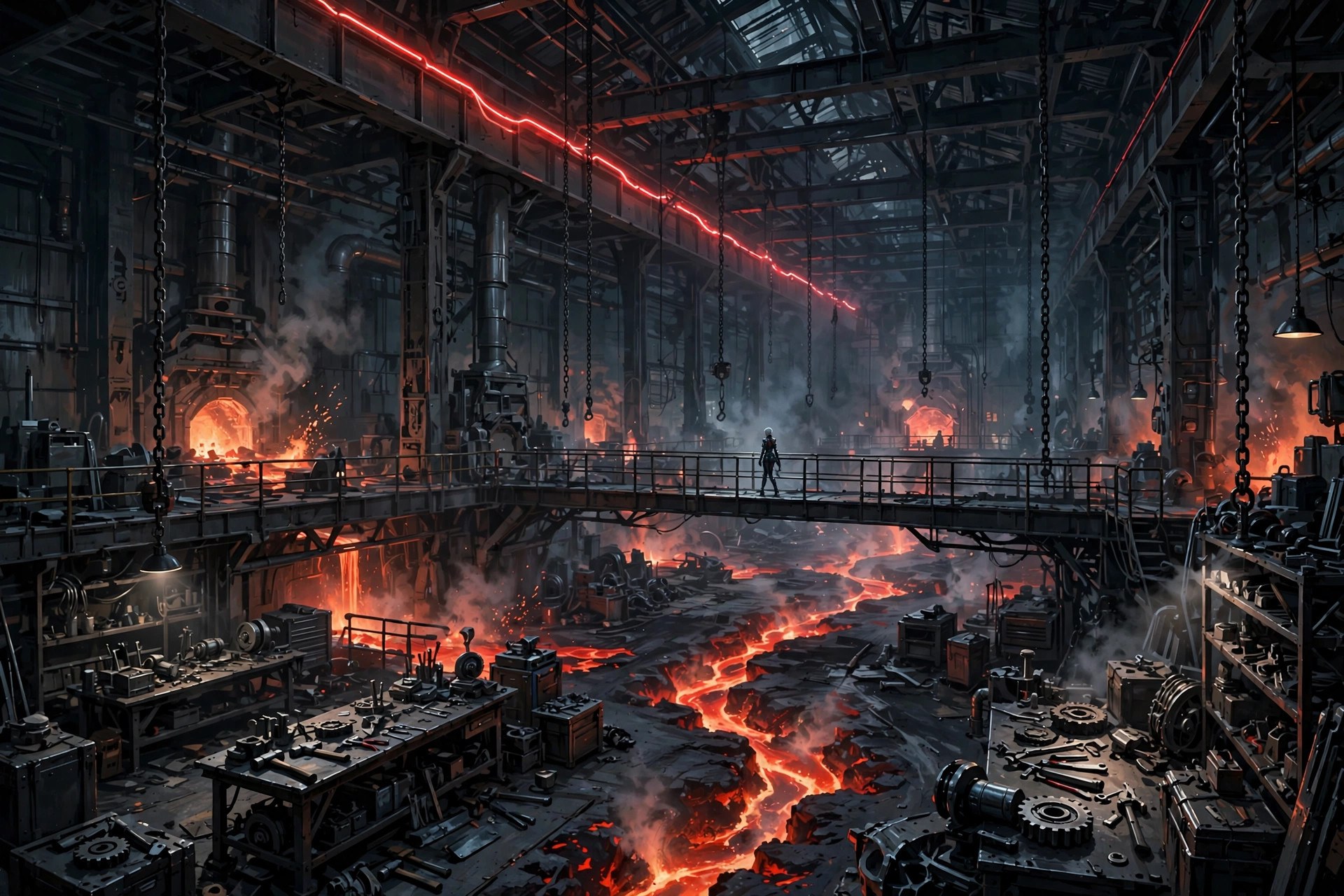 AI-generated dramatization art: The Foundry, Nikki Steele's industrial loft-workshop at night, with a silhouetted figure on the catwalk
