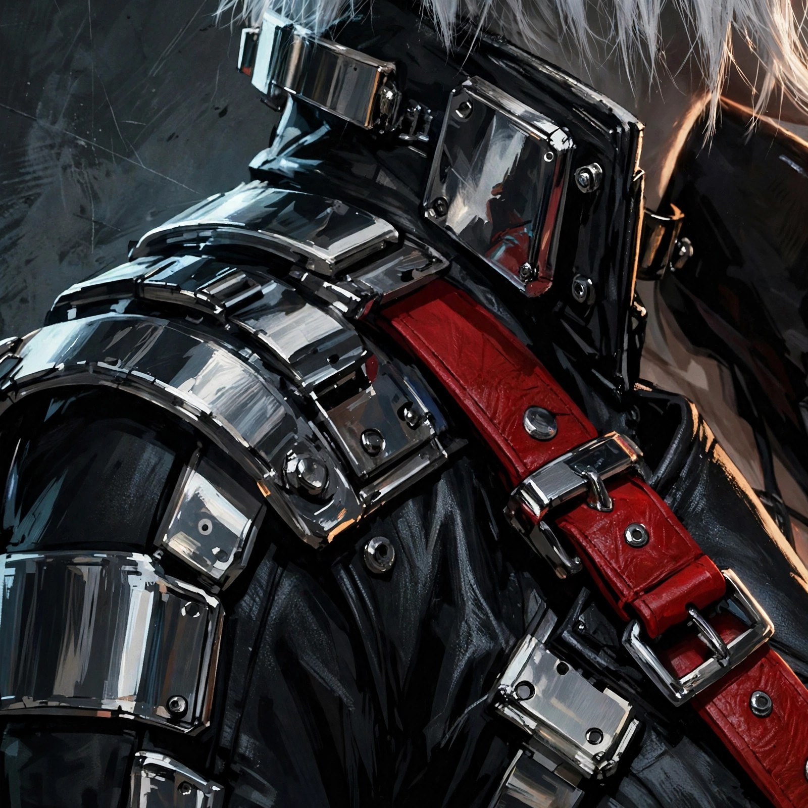 AI-generated dramatization art: close-up of Nikki Steele's chrome-plated shoulder armor over black leather with a red strap