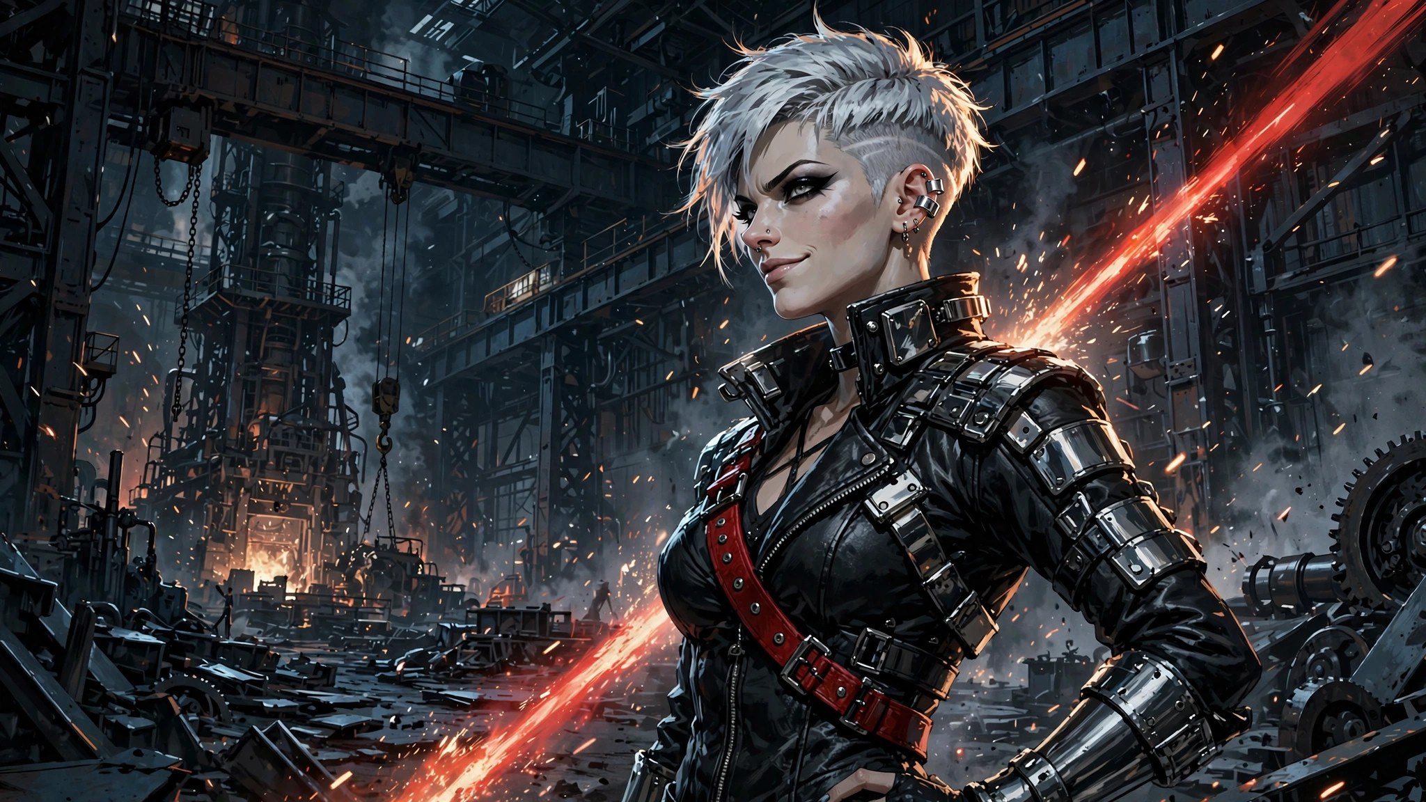 AI-generated dramatization art: Nikki Steele, platinum-silver undercut hair, chrome-plated industrial fashion, standing in a steel foundry hall with a red slash of light