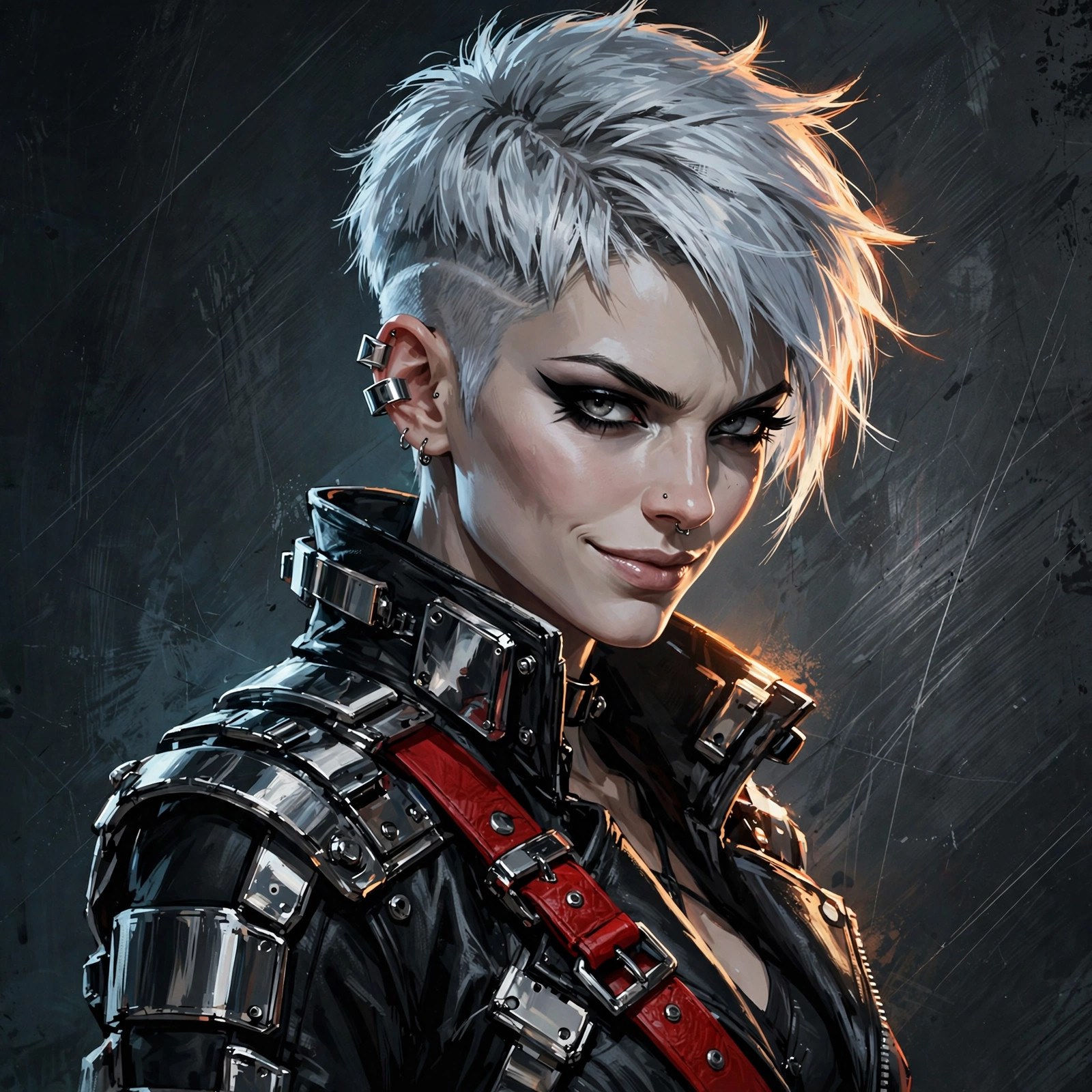 AI-generated dramatization art: portrait of Nikki Steele, platinum-silver undercut hair, chrome and black industrial fashion with a red strap