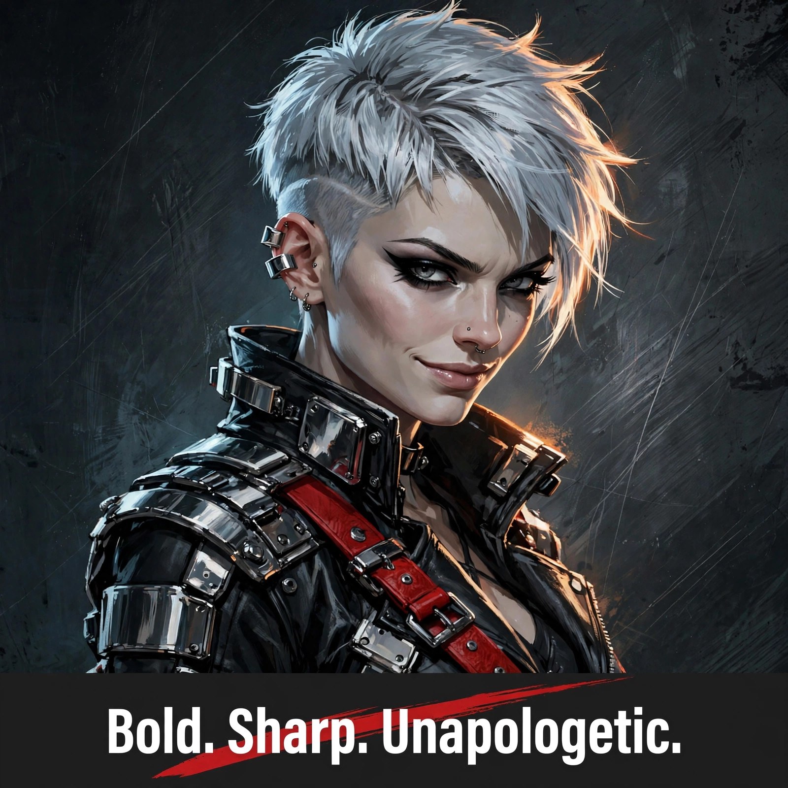 AI-generated dramatization art: Nikki Steele close crop with the line 'Bold. Sharp. Unapologetic.'