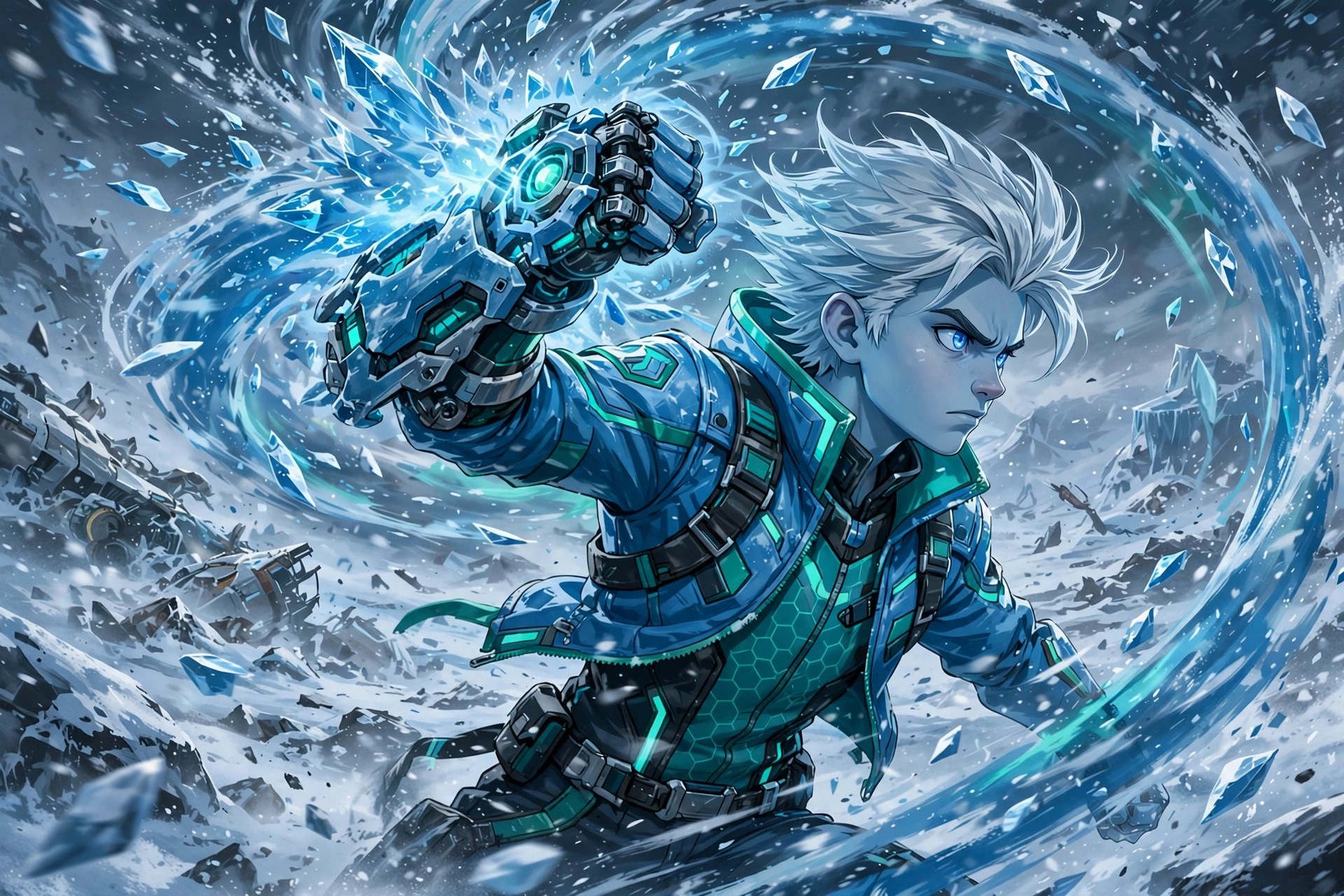 AI-generated action scene of Niko Raal unleashing a blast of blue ice crystals from his gauntlet