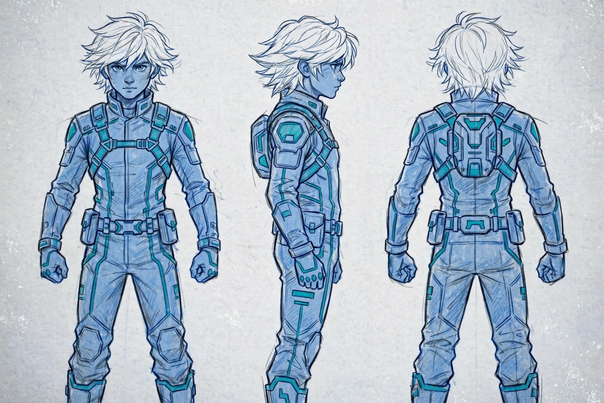 AI-generated character design concept sketch sheet of Niko Raal in blue-pencil style