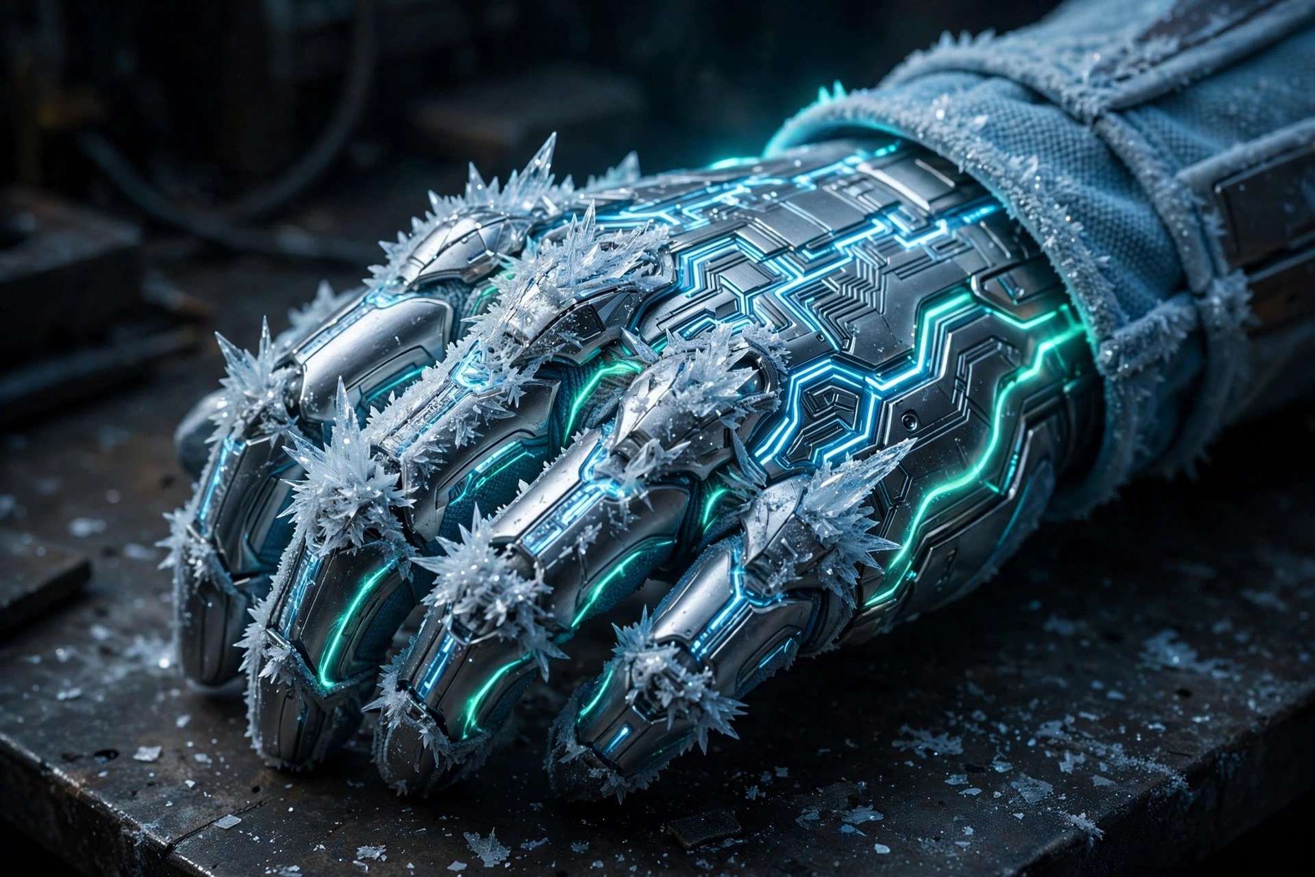 AI-generated close-up of silver frostweave gauntlets with glowing ice-blue cryo circuitry
