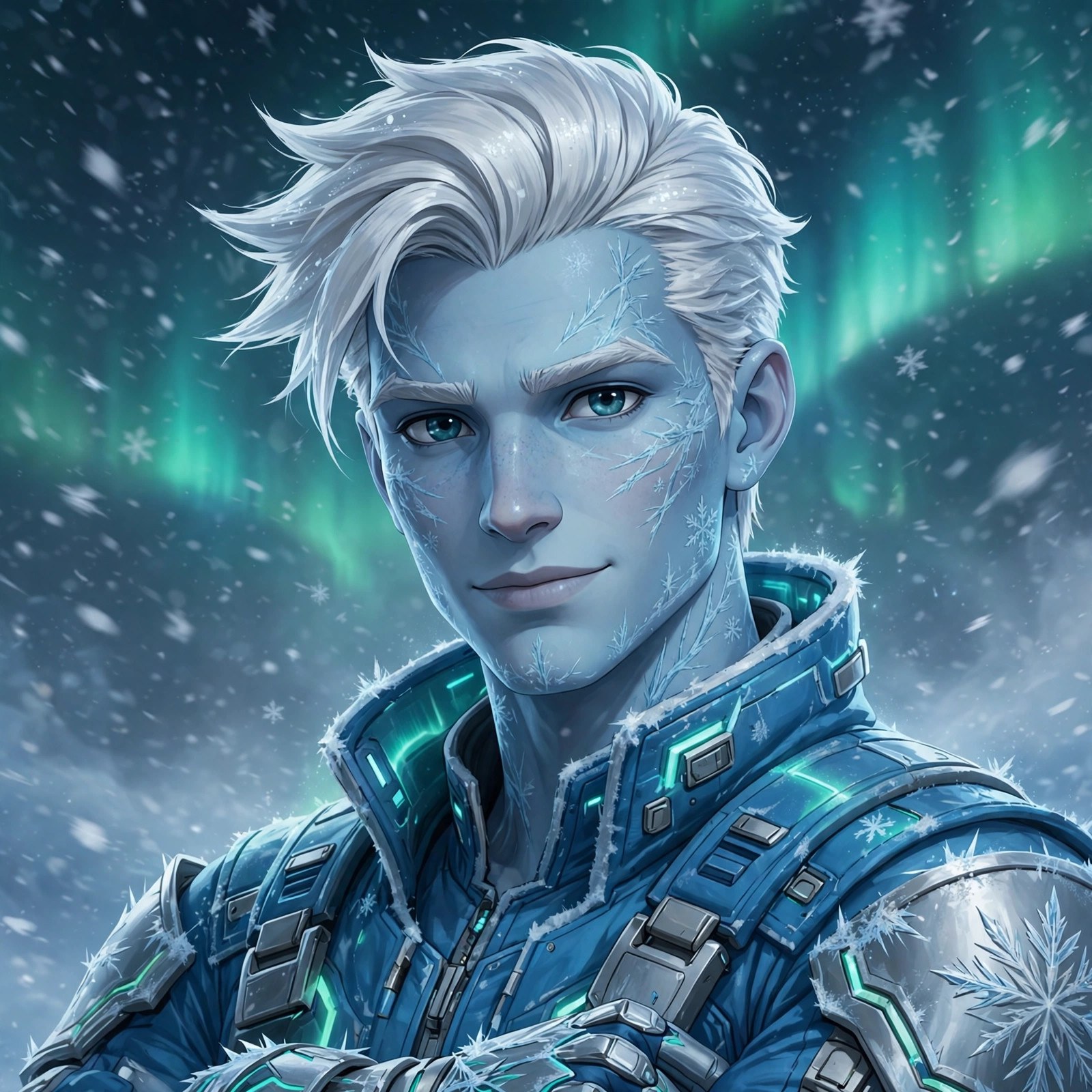 AI-generated portrait of Niko Raal, a young male space hero with pale blue skin and frost-white hair in an ice-blue cryo suit