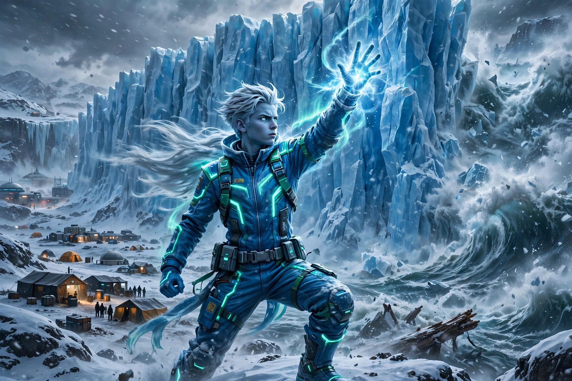 AI-generated art of Niko Raal raising a wall of ice against a flood on a snowy colony world